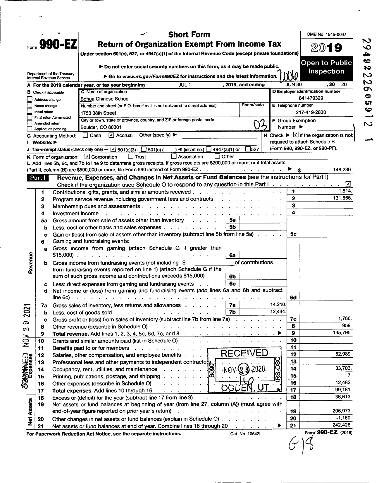 Image of first page of 2019 Form 990EZ for Bohua Chinese School A Colorado Non-Profit Corporation