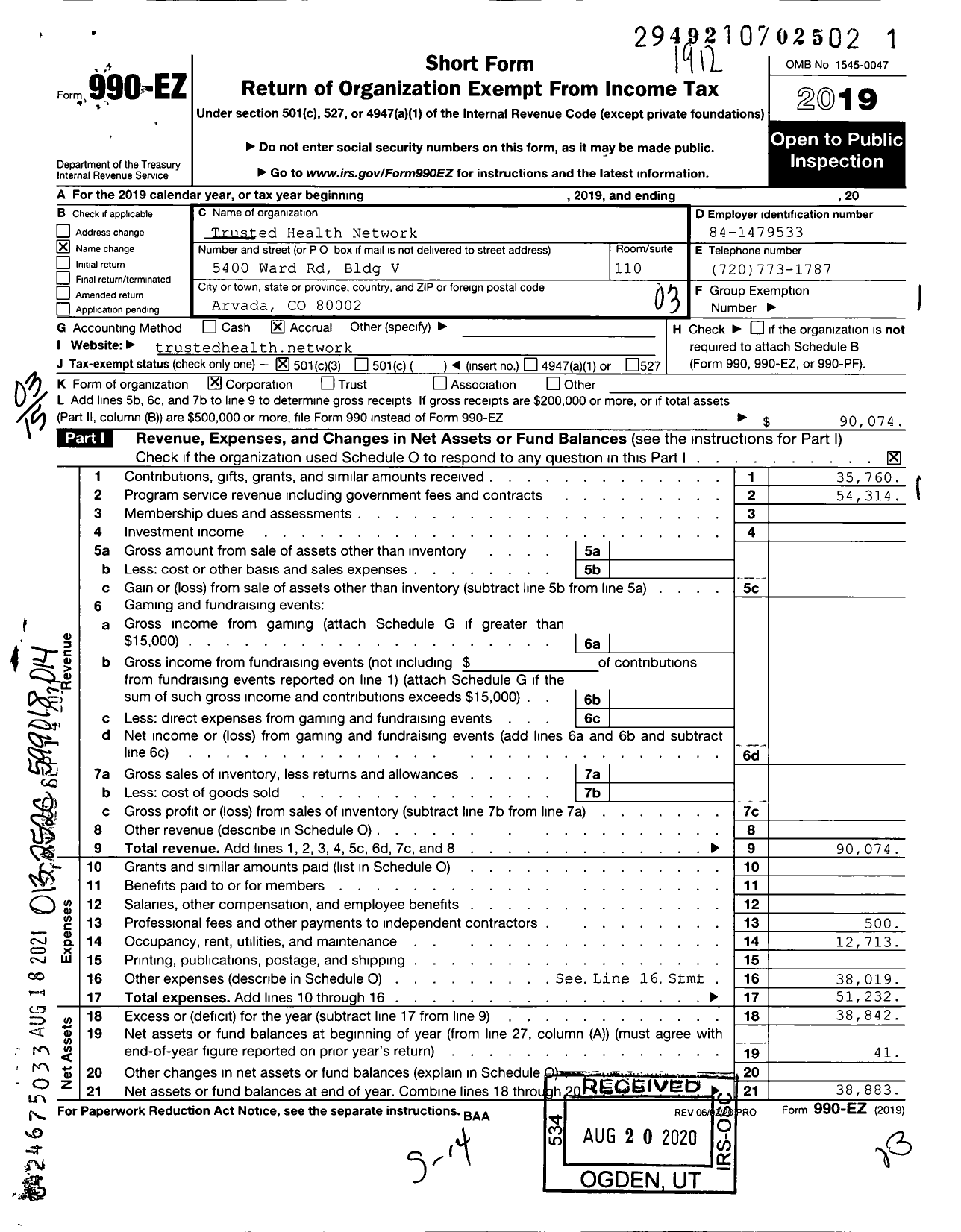 Image of first page of 2019 Form 990EZ for Trusted Health Network