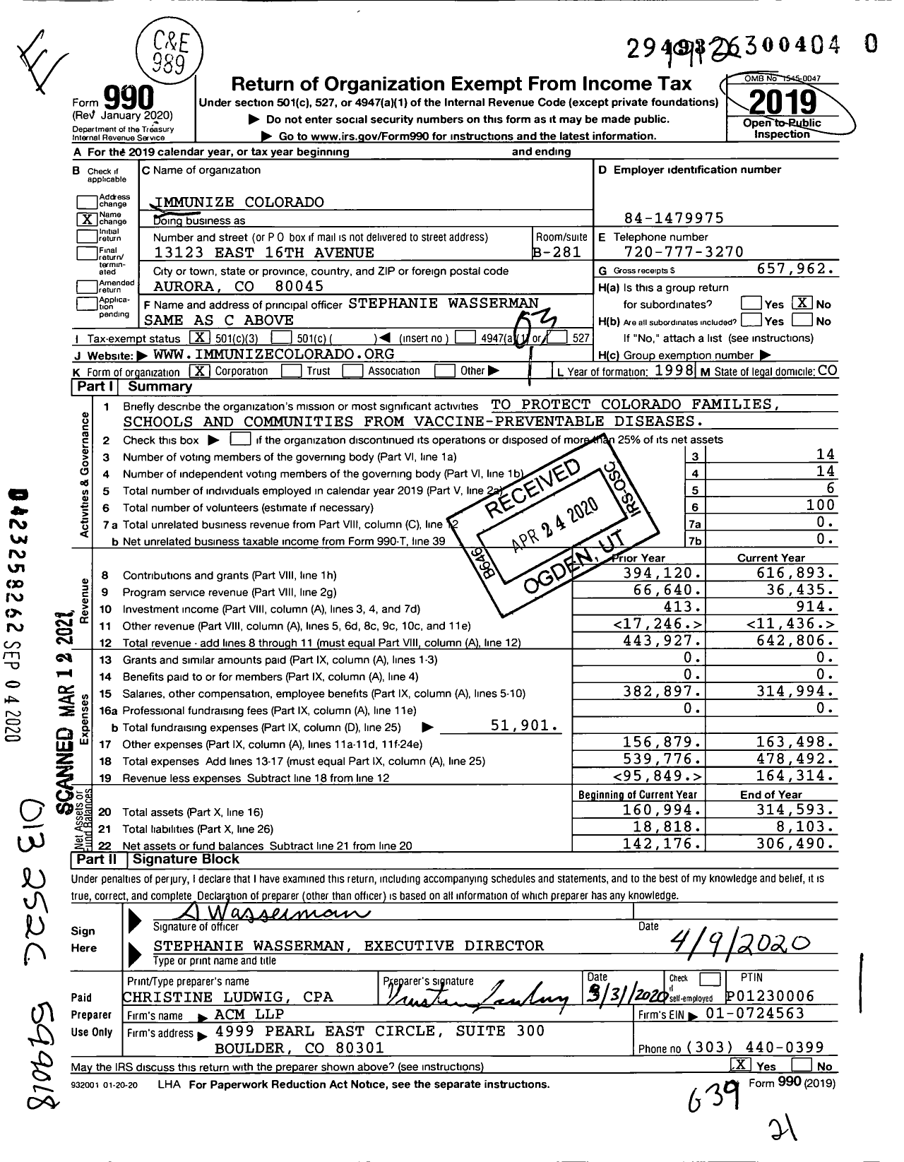 Image of first page of 2019 Form 990 for Immunize Colorado