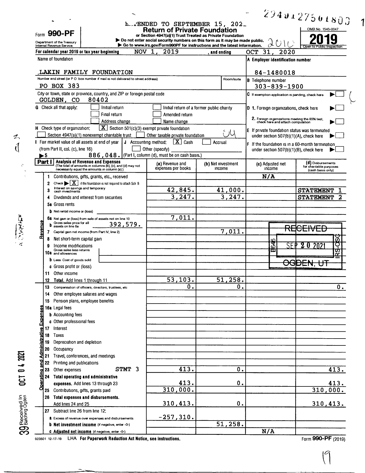 Image of first page of 2019 Form 990PF for Lakin Family Foundation