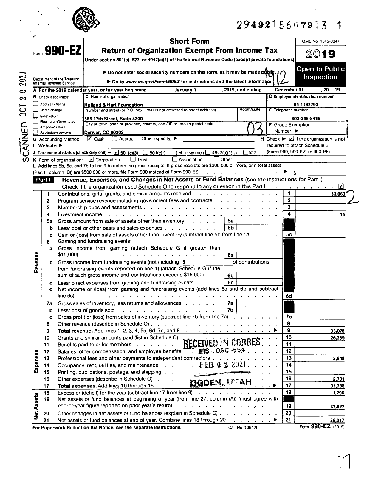 Image of first page of 2019 Form 990EZ for Holland and Hart Foundation