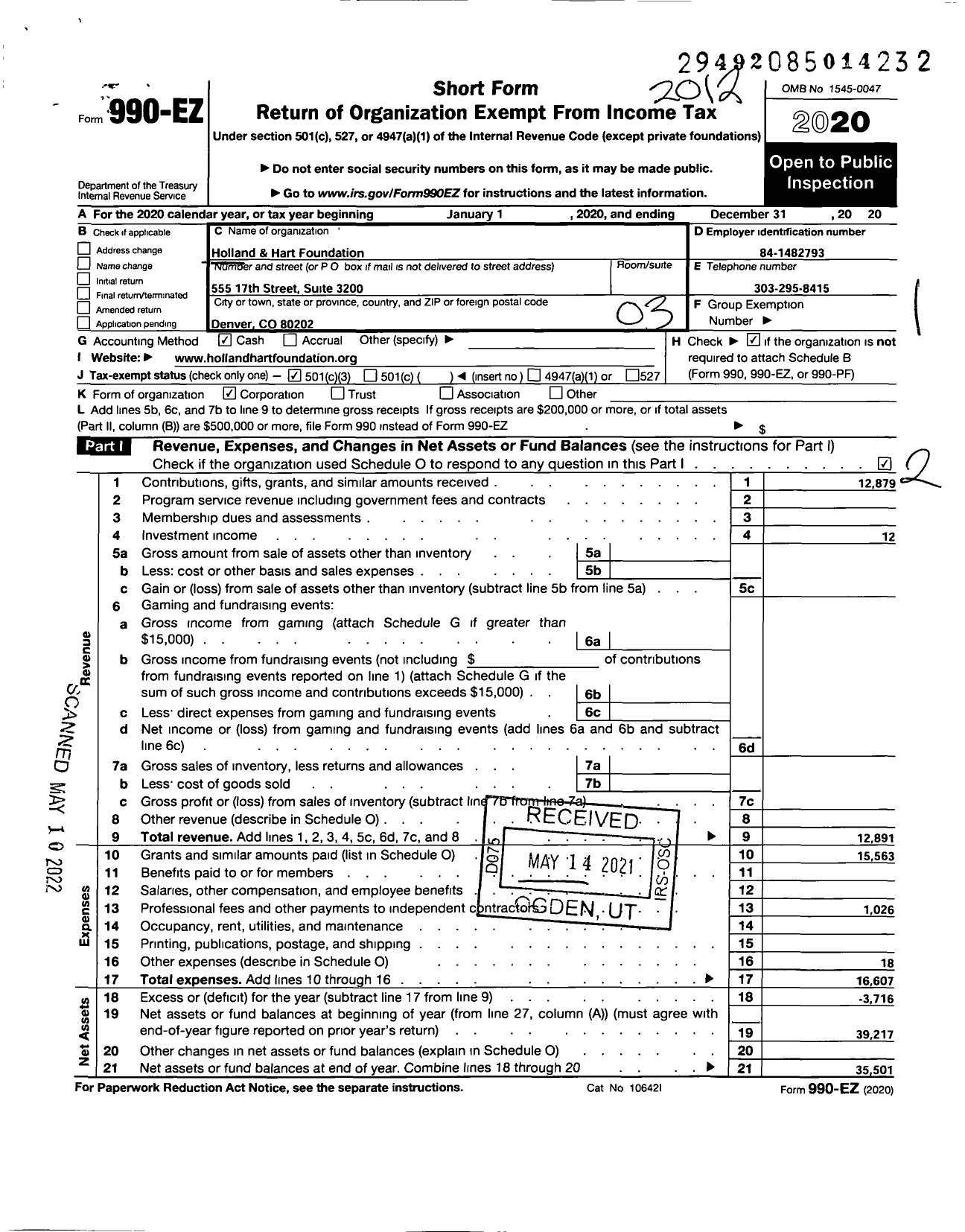 Image of first page of 2020 Form 990EZ for Holland and Hart Foundation