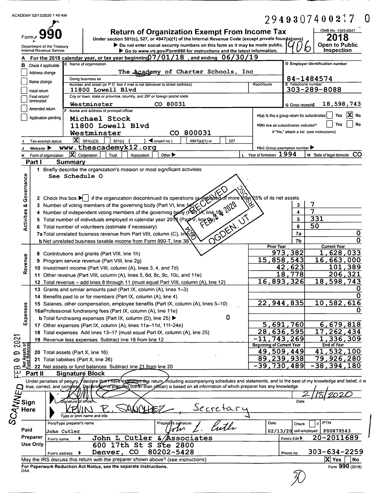Image of first page of 2018 Form 990 for The Academy