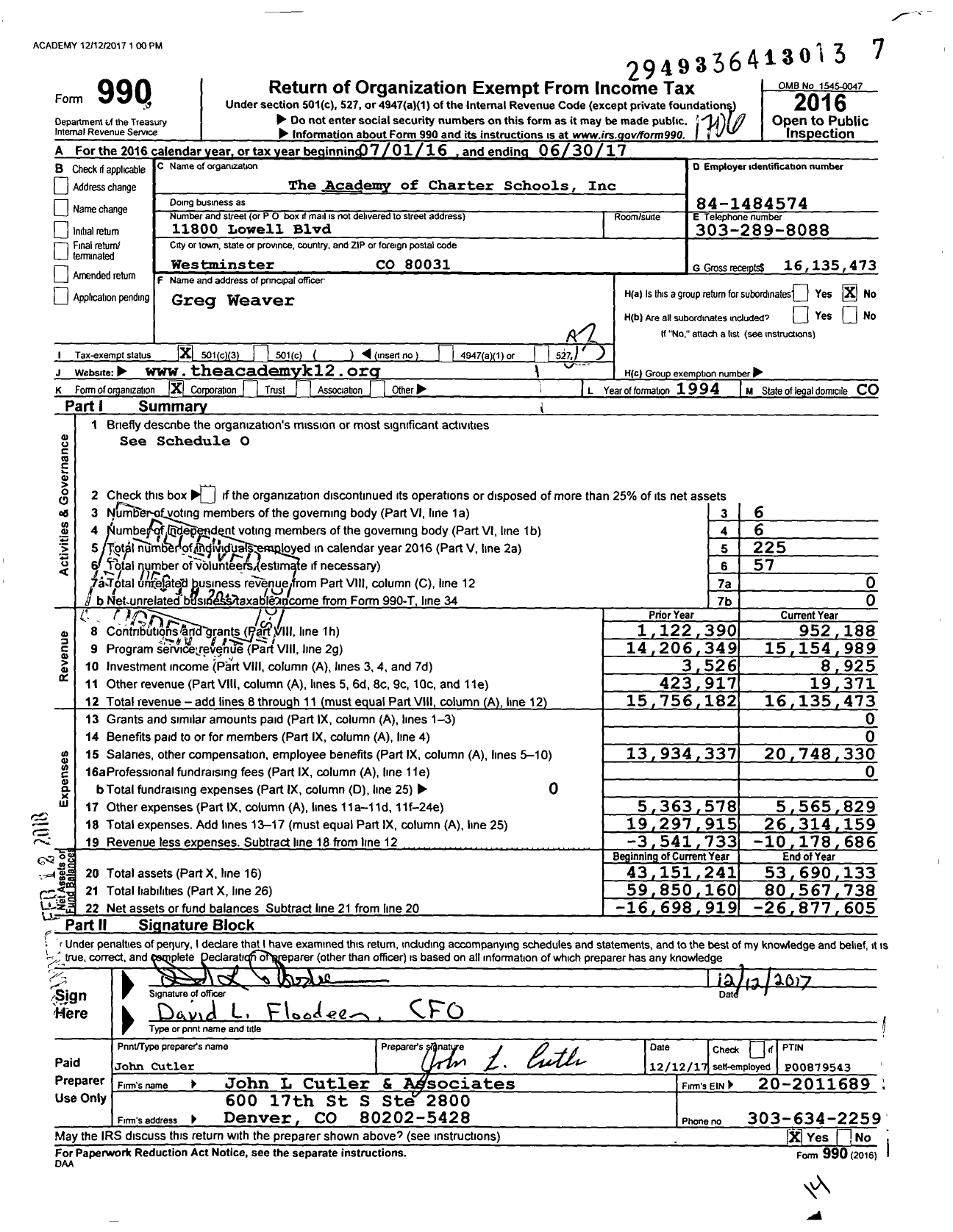 Image of first page of 2016 Form 990 for The Academy