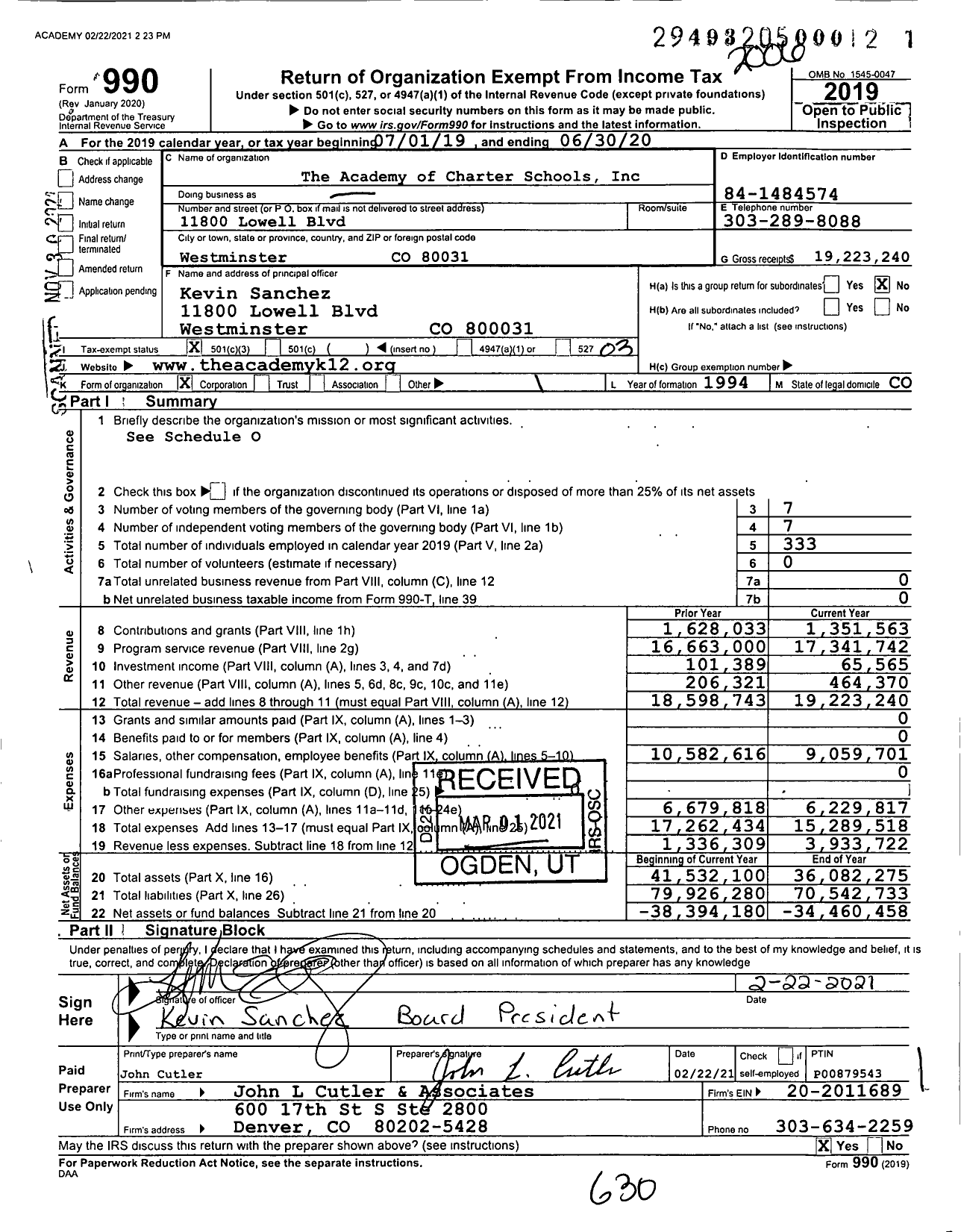Image of first page of 2019 Form 990 for The Academy