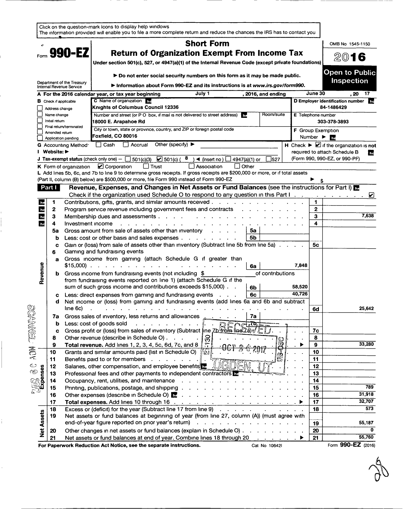 Image of first page of 2016 Form 990EO for Knights of Columbus - 12336 Council Our Lady of Loreto