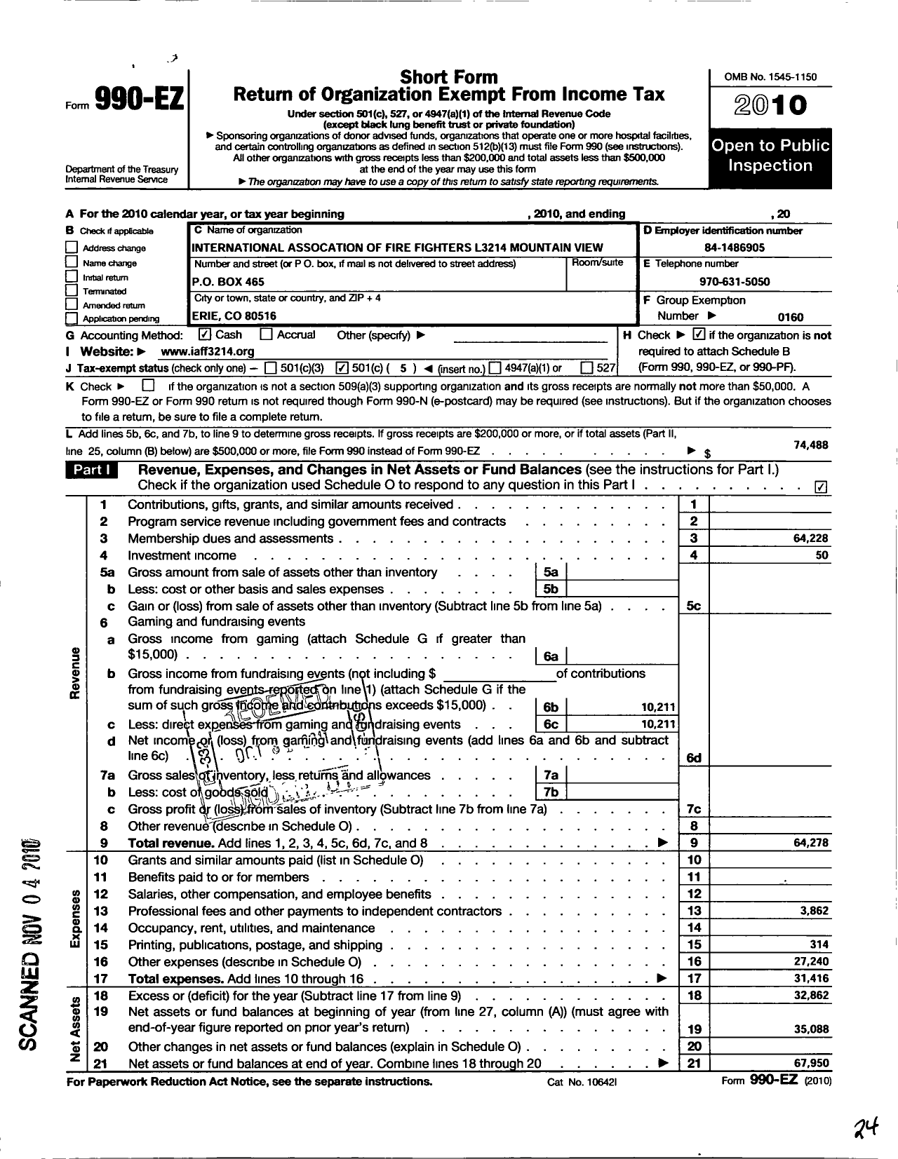 Image of first page of 2010 Form 990EO for International Association of Fire Fighters - L3214 Mountain View PFF