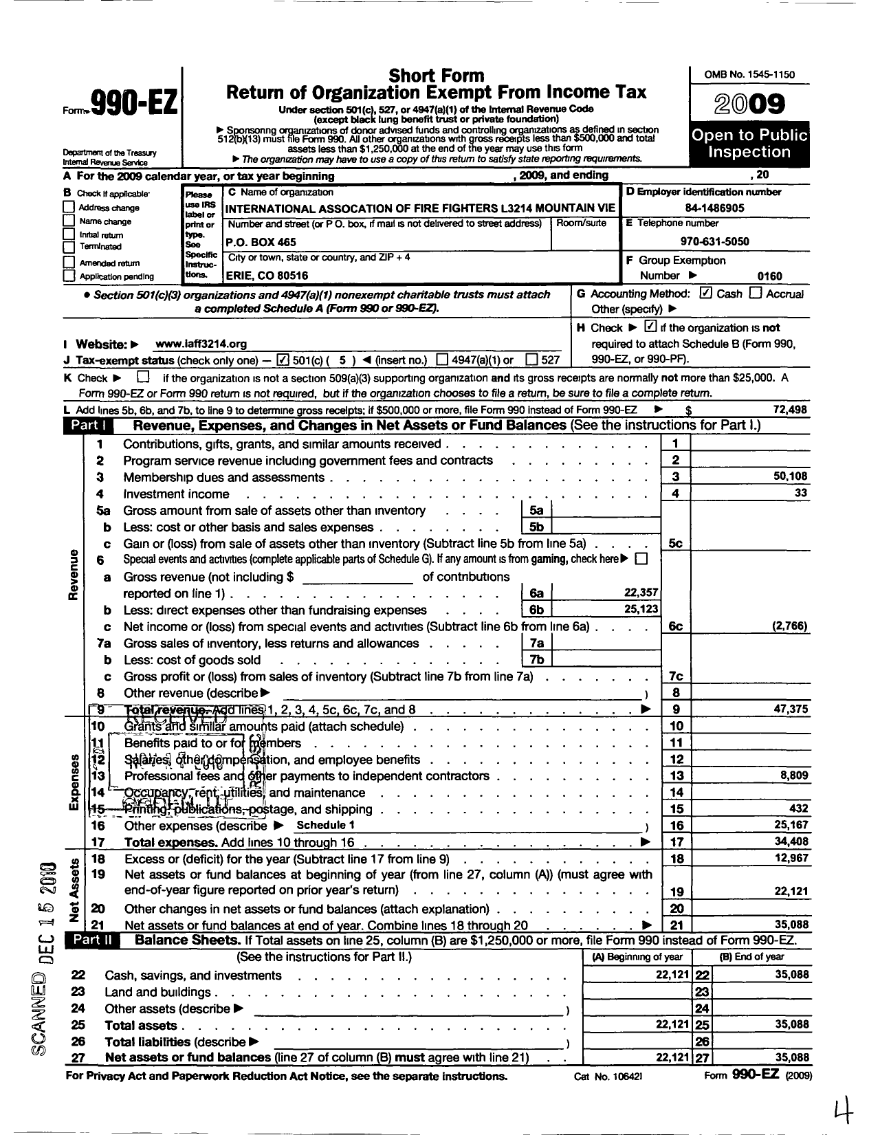 Image of first page of 2009 Form 990EO for International Association of Fire Fighters - L3214 Mountain View PFF