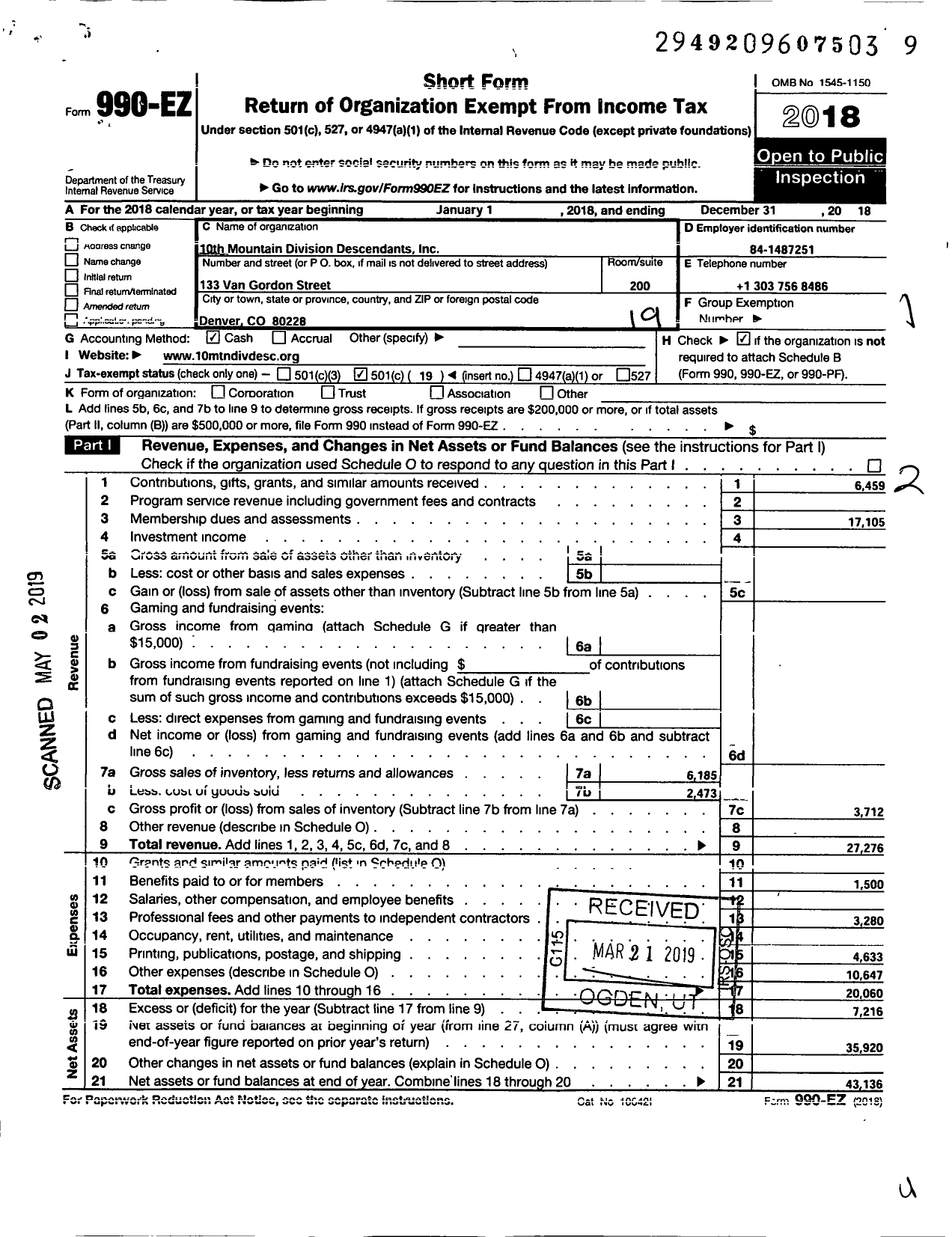 Image of first page of 2018 Form 990EO for 10th Mountain Division Descendants