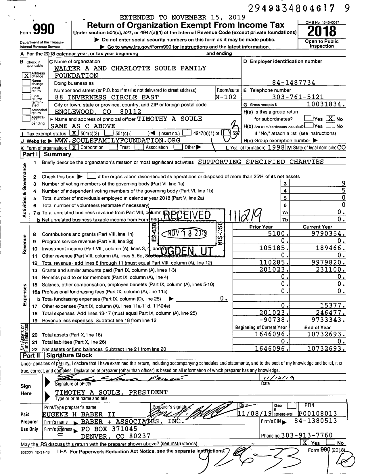 Image of first page of 2018 Form 990 for Walter A and Charlotte Soule Family Foundation