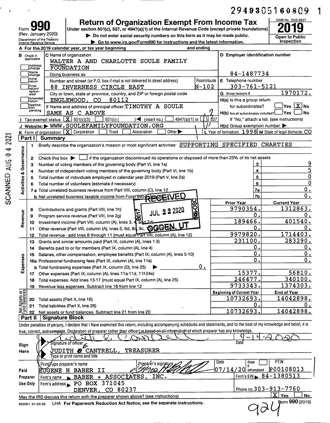 Image of first page of 2019 Form 990 for Walter A and Charlotte Soule Family Foundation