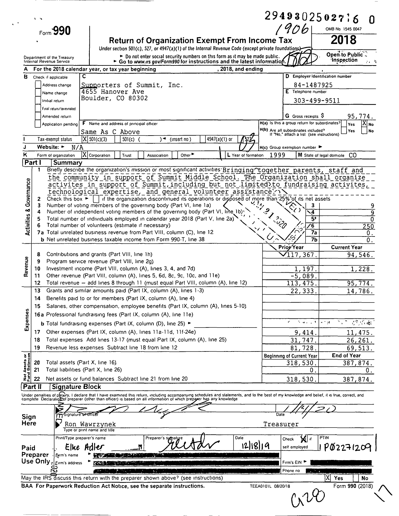 Image of first page of 2018 Form 990 for Supporters of Summit