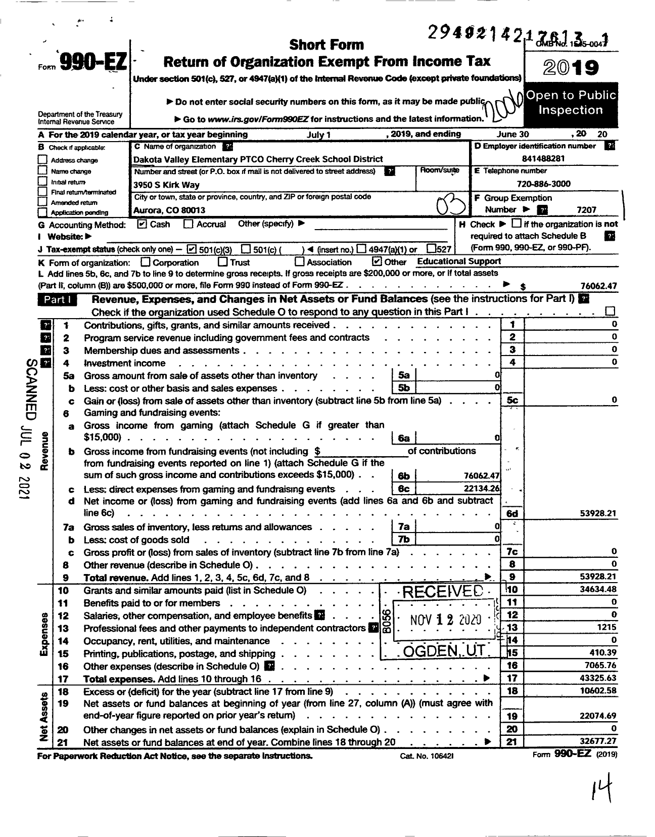 Image of first page of 2019 Form 990EZ for Cherry Creek School District Parent Teacher Community Council / Dakota Valley Elementary Pto