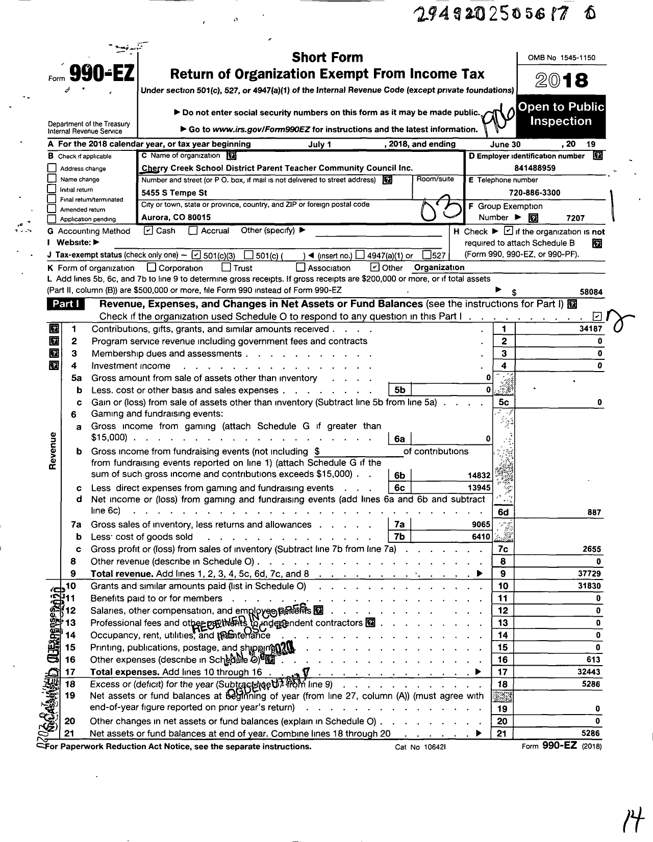 Image of first page of 2018 Form 990EZ for Cherry Creek School District Parent Teacher Community Council / Antelope RDG Elementary School Ptco