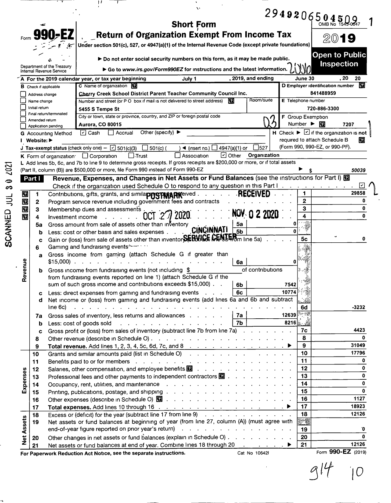 Image of first page of 2019 Form 990EZ for Cherry Creek School District Parent Teacher Community Council / Antelope RDG Elementary School Ptco