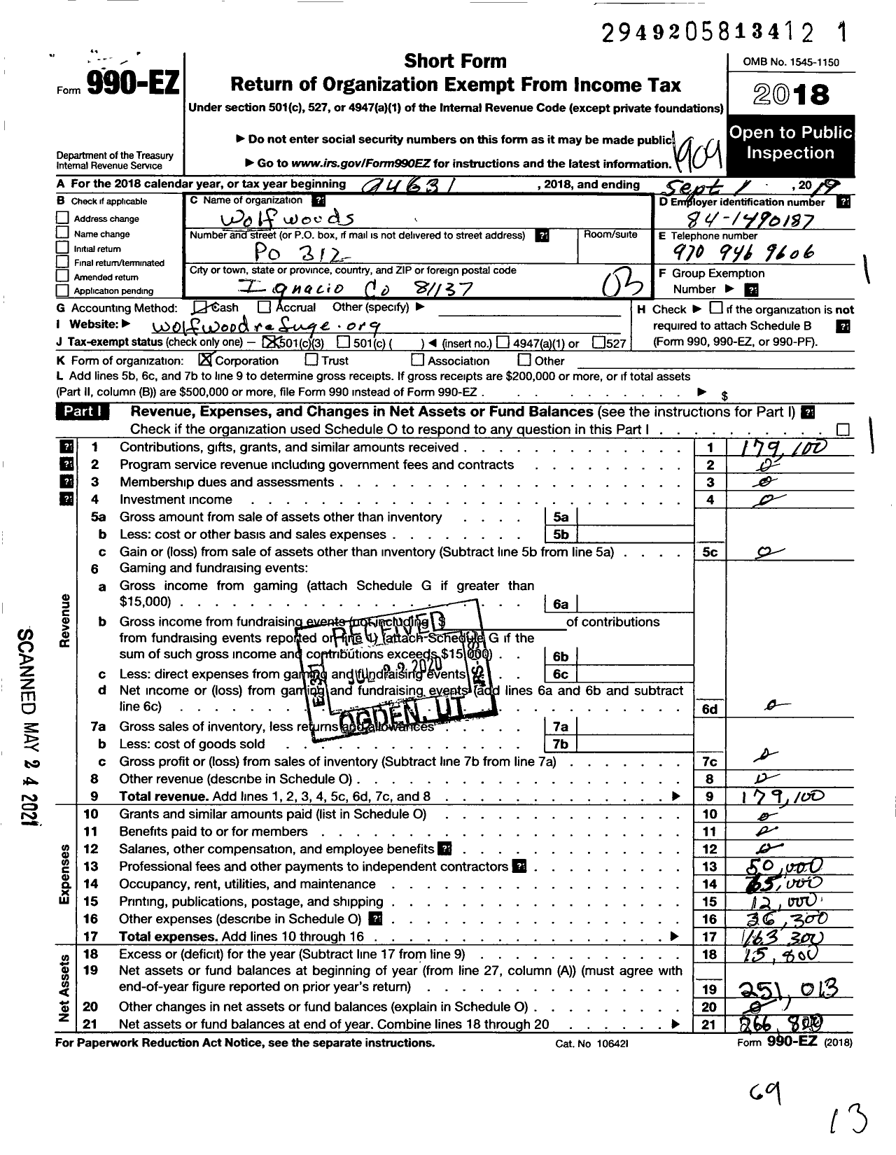 Image of first page of 2018 Form 990EZ for Wolfwoods Woods