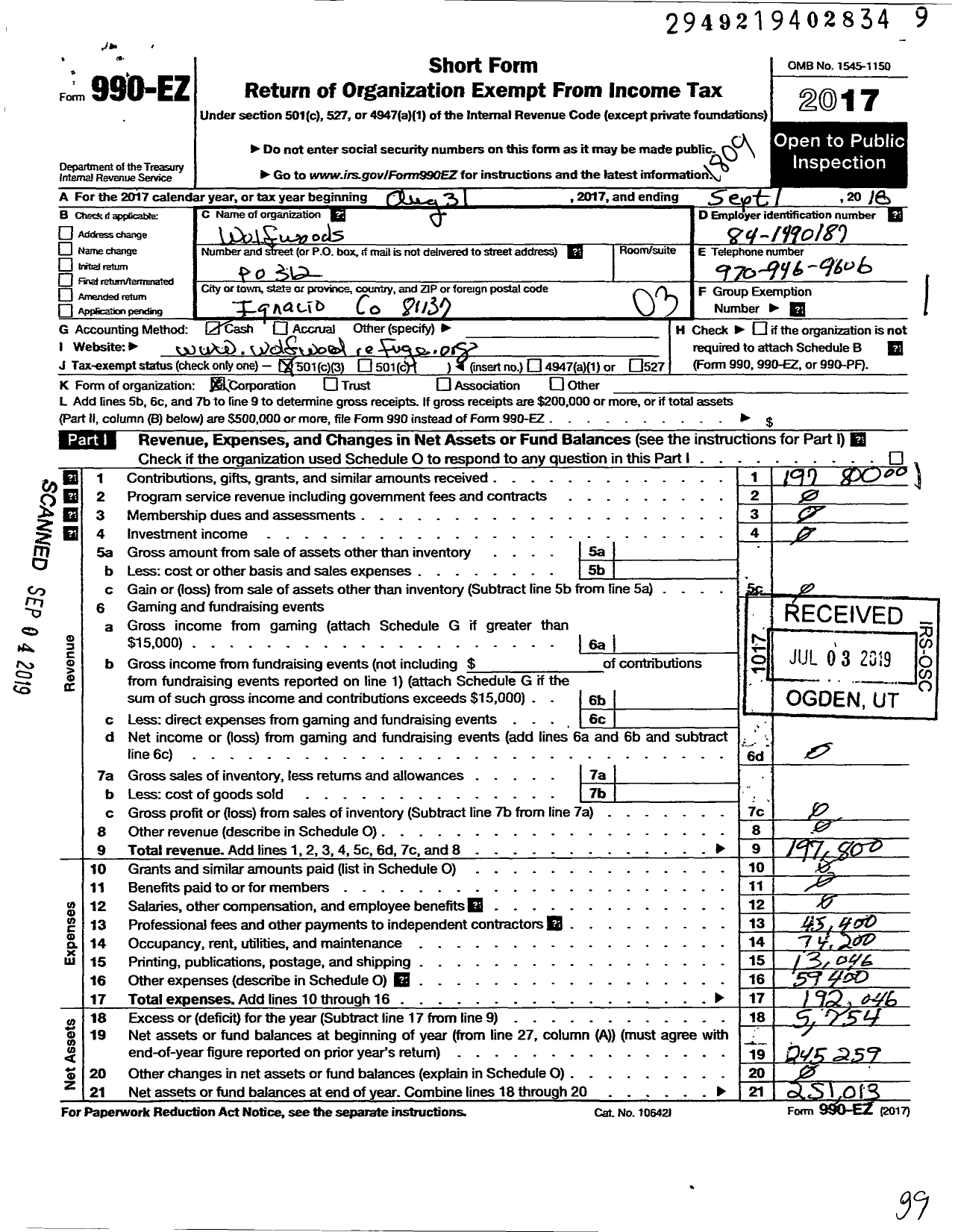 Image of first page of 2017 Form 990EZ for Wolfwoods Woods