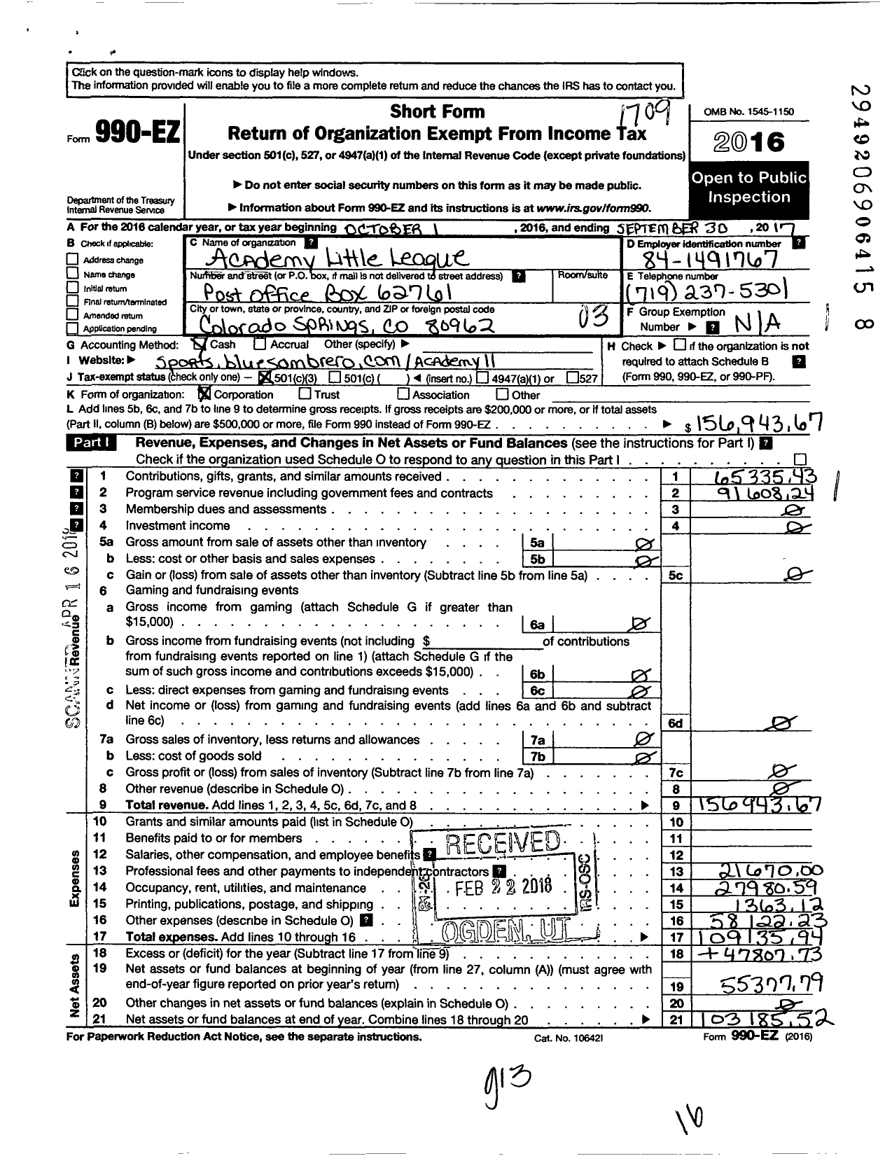 Image of first page of 2016 Form 990EZ for Little League Baseball - 4060511 Academy LL