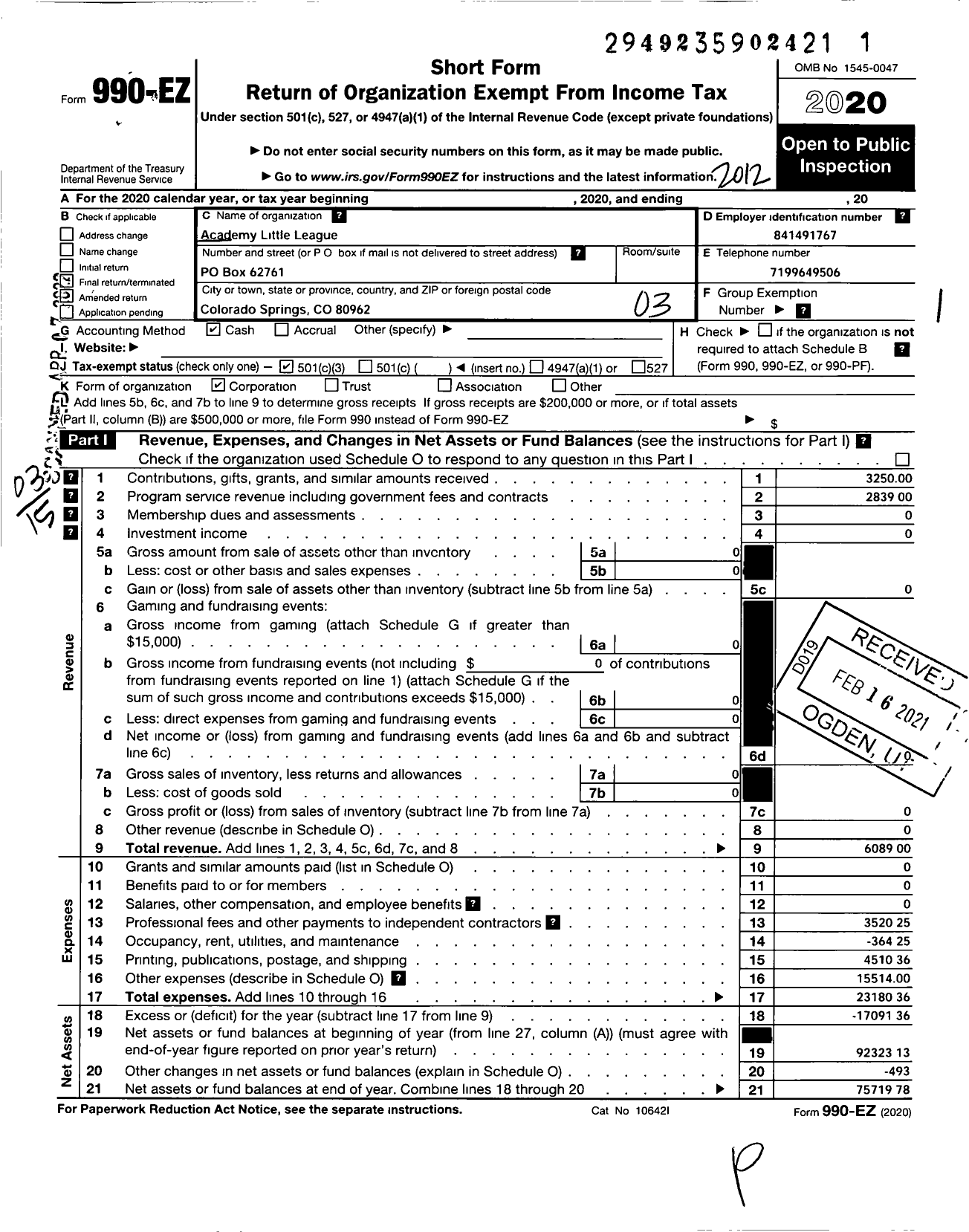 Image of first page of 2020 Form 990EZ for Little League Baseball - 4060511 Academy LL
