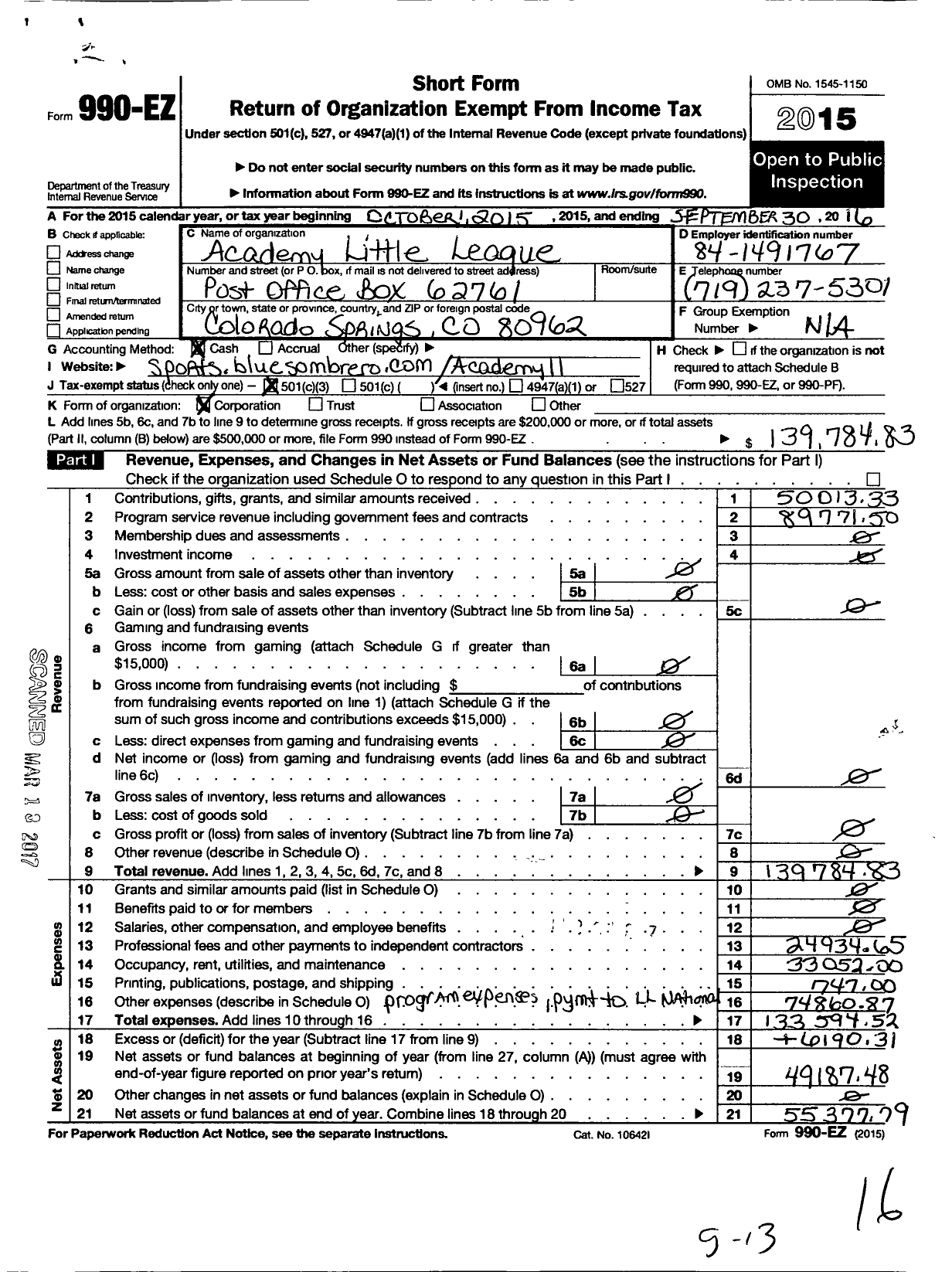 Image of first page of 2015 Form 990EZ for Little League Baseball - 4060511 Academy LL