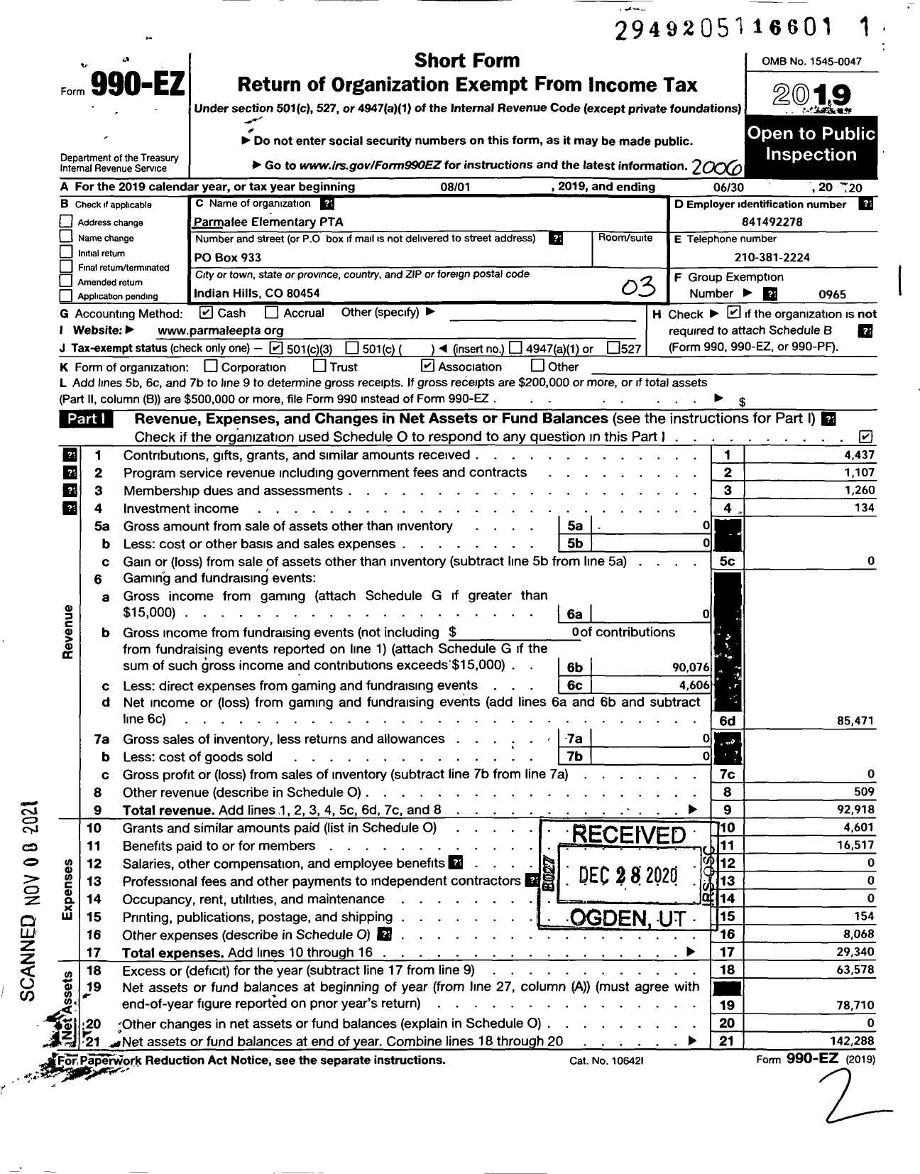 Image of first page of 2019 Form 990EZ for PTA COLORADO CONGRESS Parmalee PTA