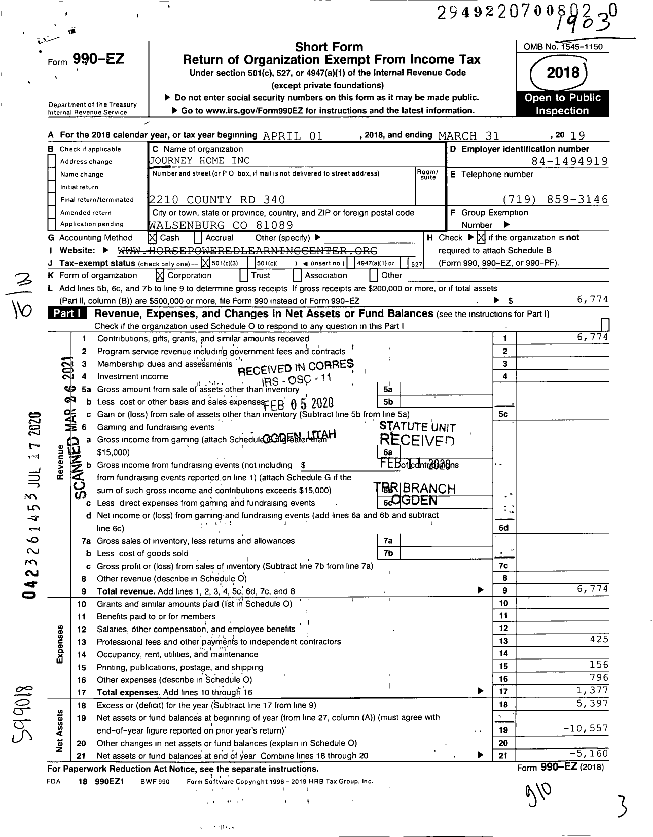 Image of first page of 2018 Form 990EZ for Journey Home