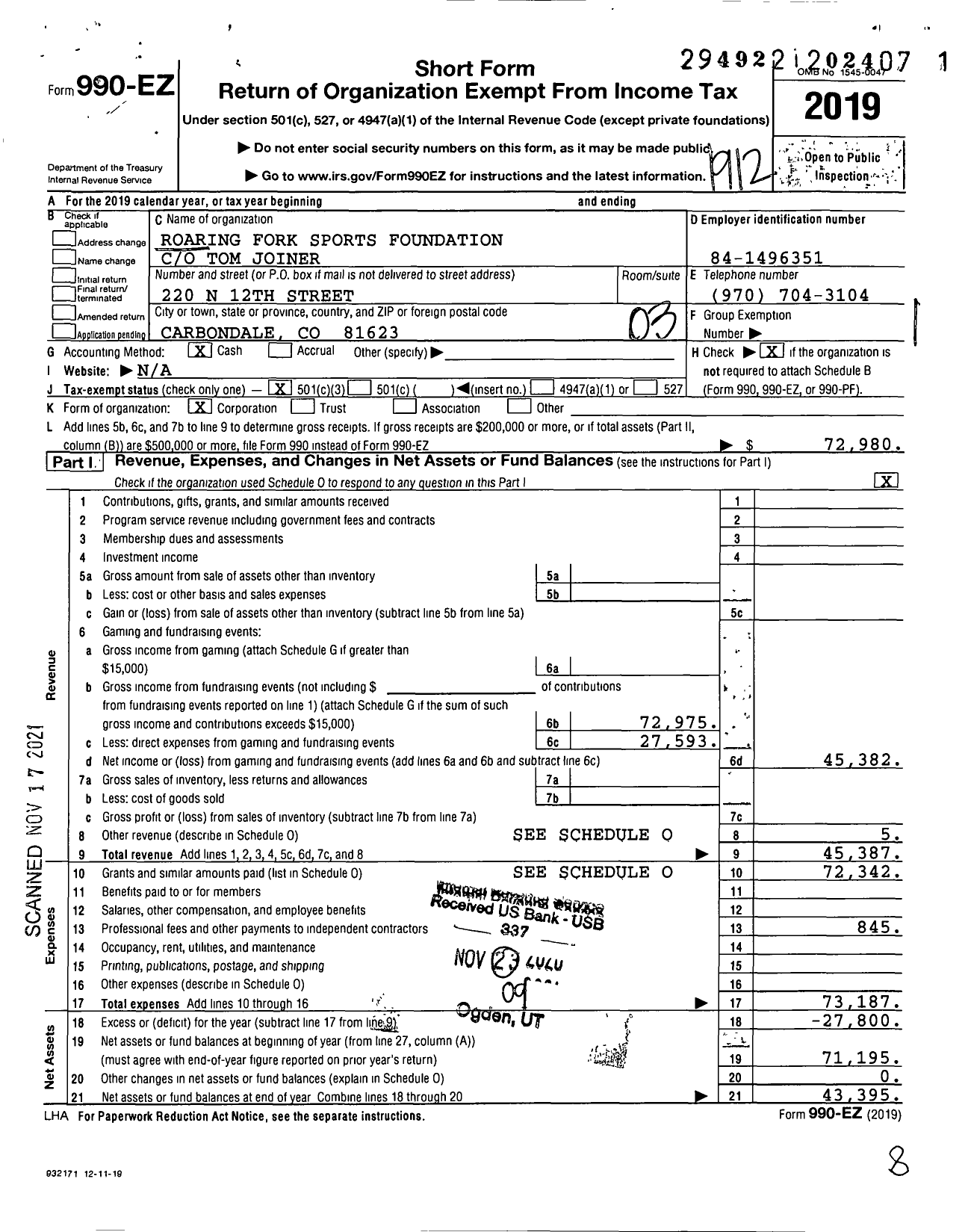 Image of first page of 2019 Form 990EZ for Roaring Fork Sports Foundation