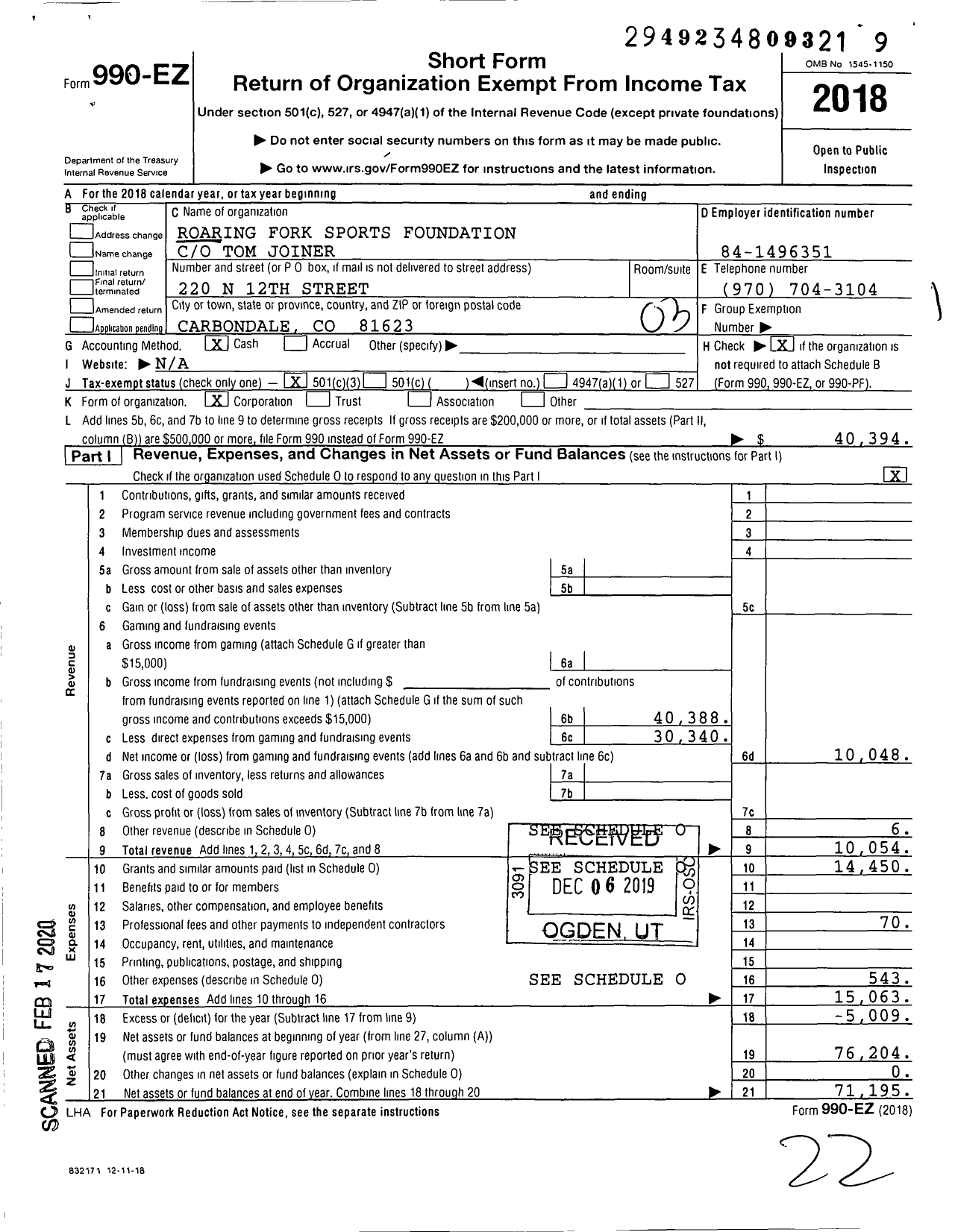 Image of first page of 2018 Form 990EZ for Roaring Fork Sports Foundation