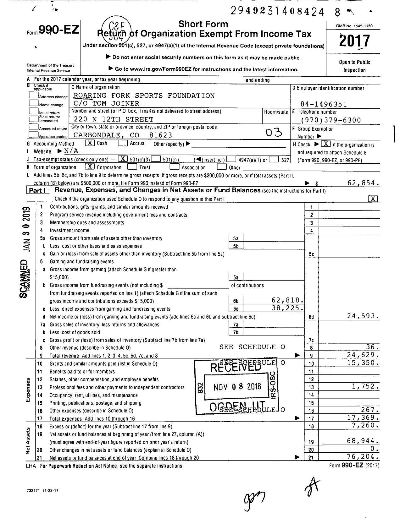 Image of first page of 2017 Form 990EZ for Roaring Fork Sports Foundation