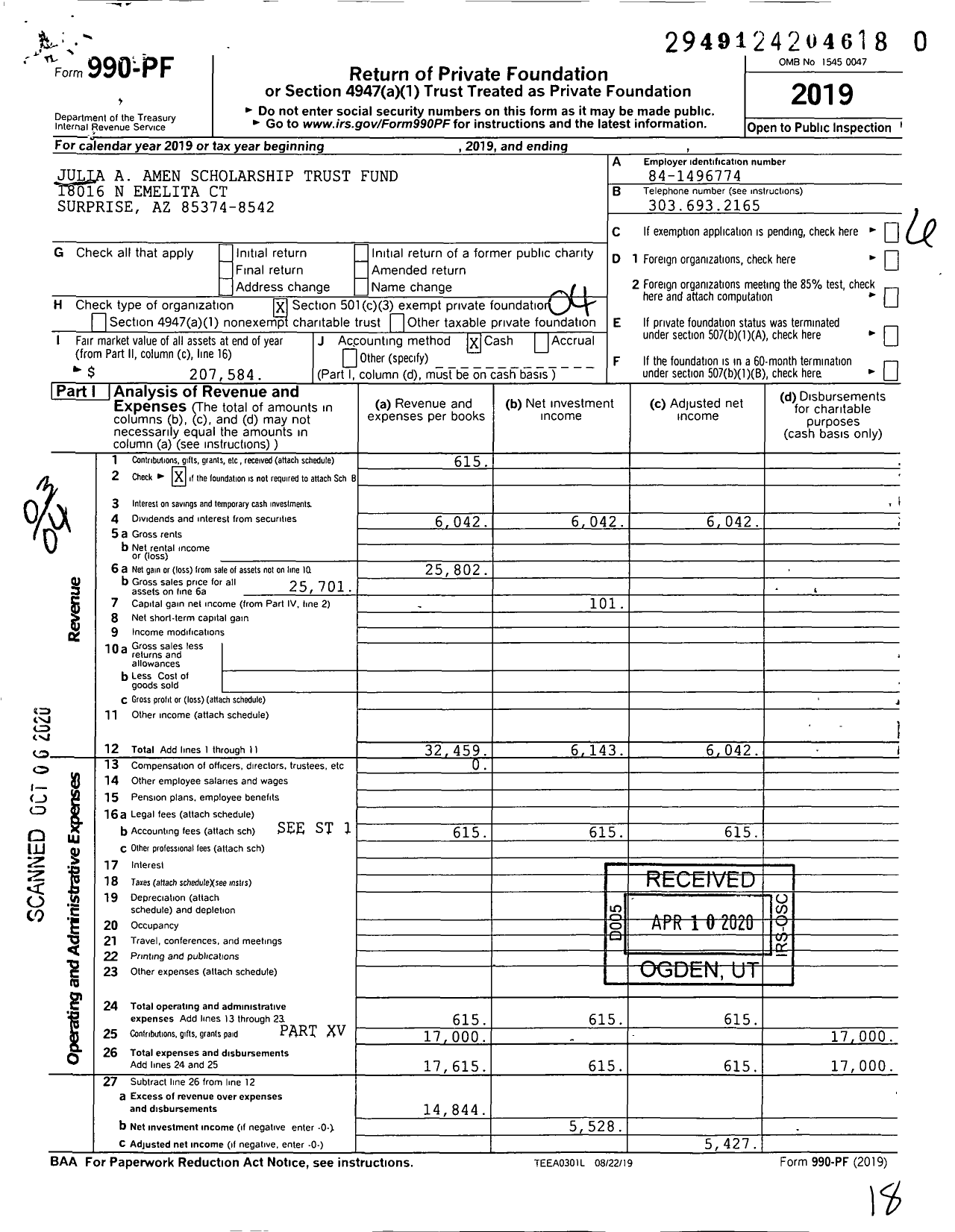 Image of first page of 2019 Form 990PR for Julia A Amen Scholarship Trust Fund