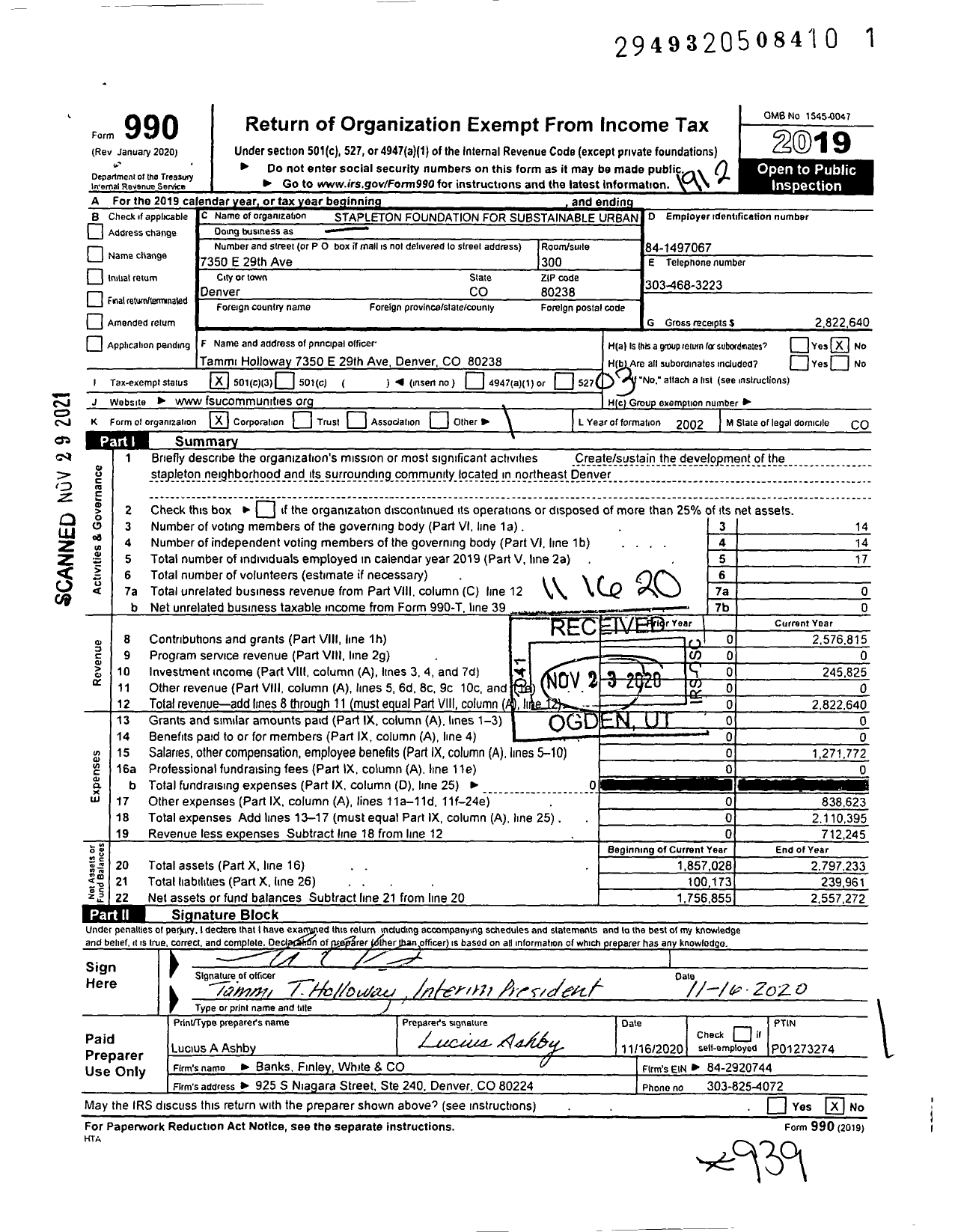 Image of first page of 2019 Form 990 for The foundation for Sustainable Urban Communities