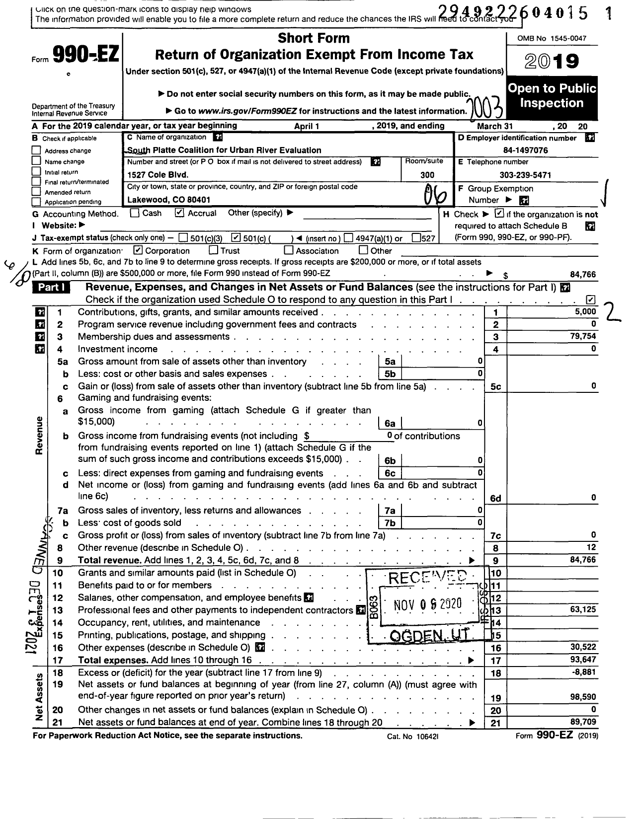 Image of first page of 2019 Form 990EO for South Platte Coalition for Urban River Evaluation