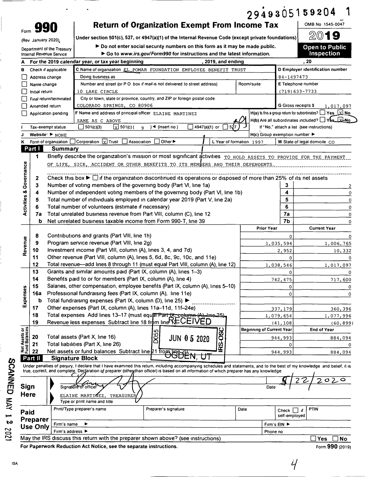 Image of first page of 2019 Form 990O for El Pomar Foundation Employee Benefit Trust