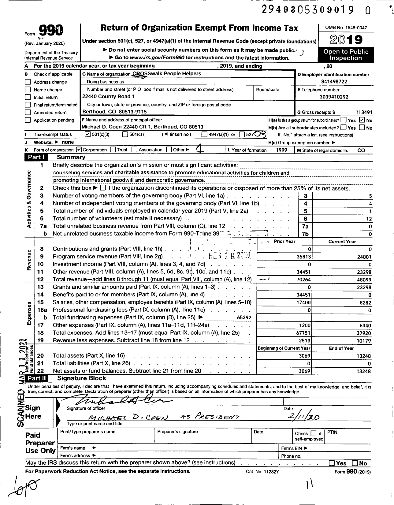 Image of first page of 2019 Form 990 for Crosswalk People Helpers
