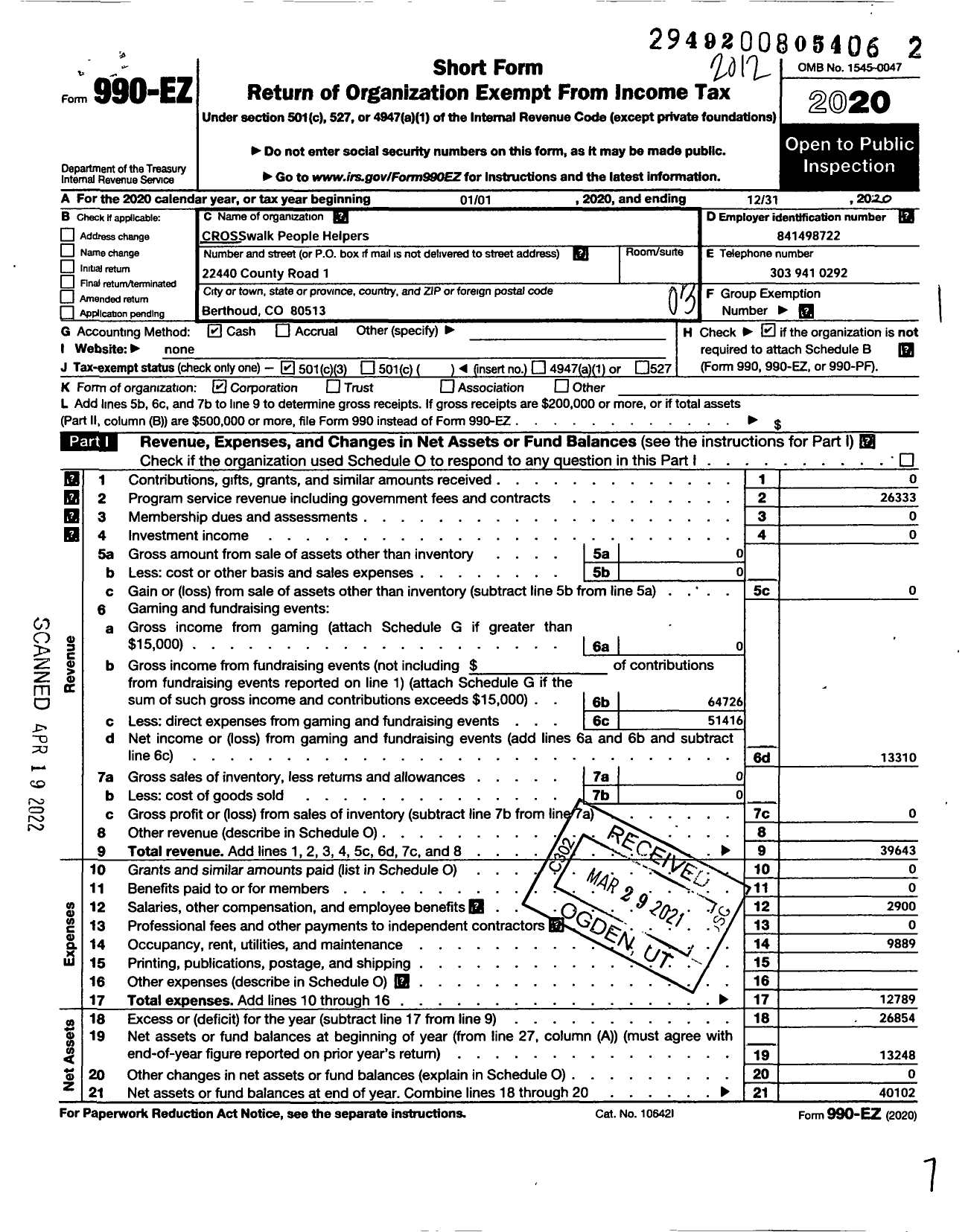 Image of first page of 2020 Form 990EZ for Crosswalk People Helpers