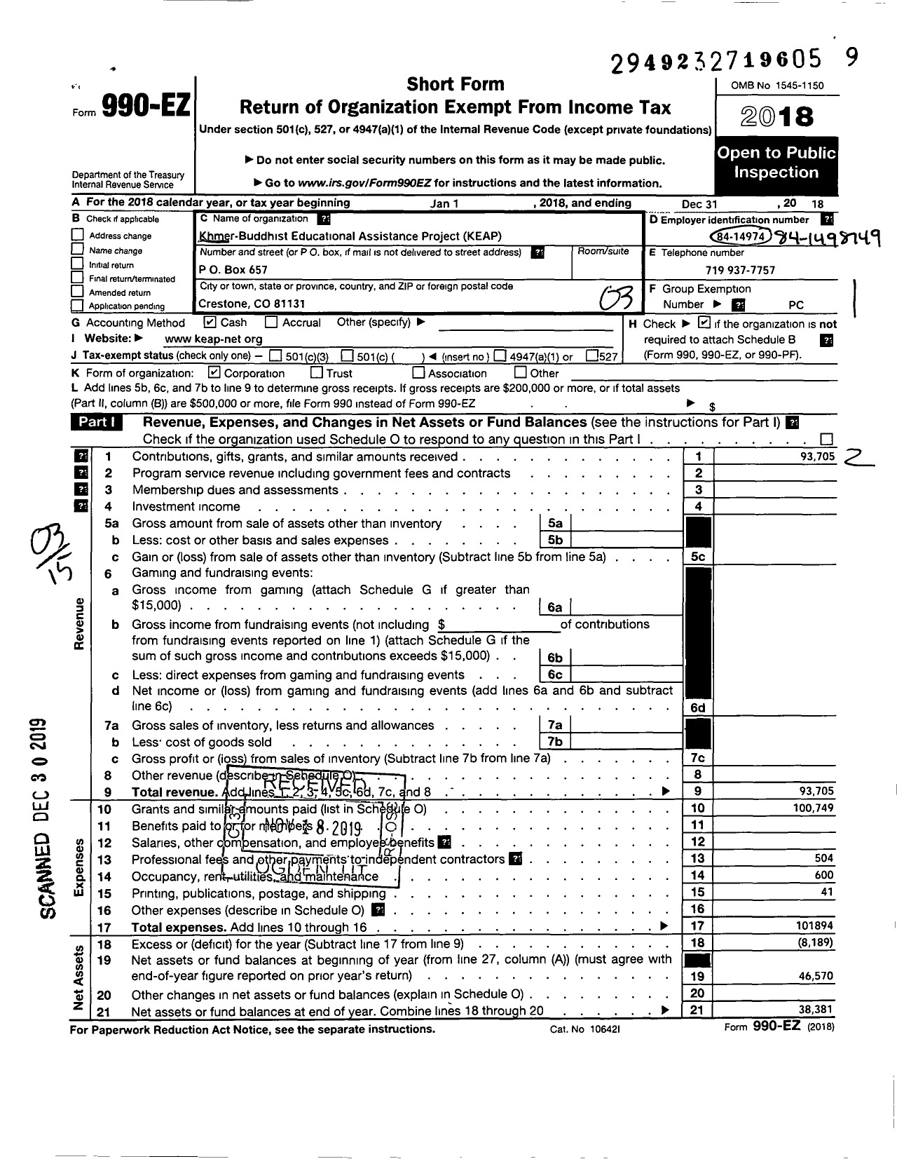 Image of first page of 2018 Form 990EZ for Khmer-Buddhist Educational Assistance Project (KEAP)