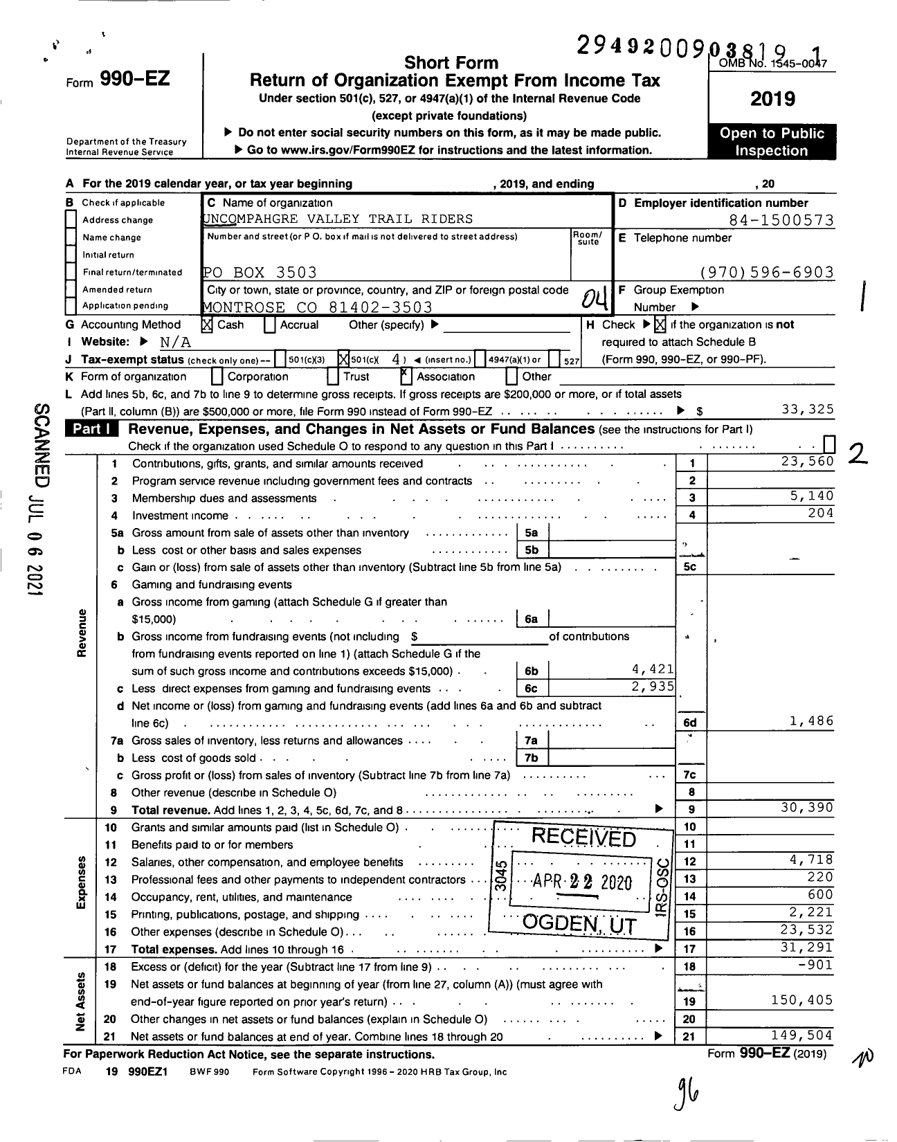 Image of first page of 2019 Form 990EO for Uncompahgre Valley Trail Riders