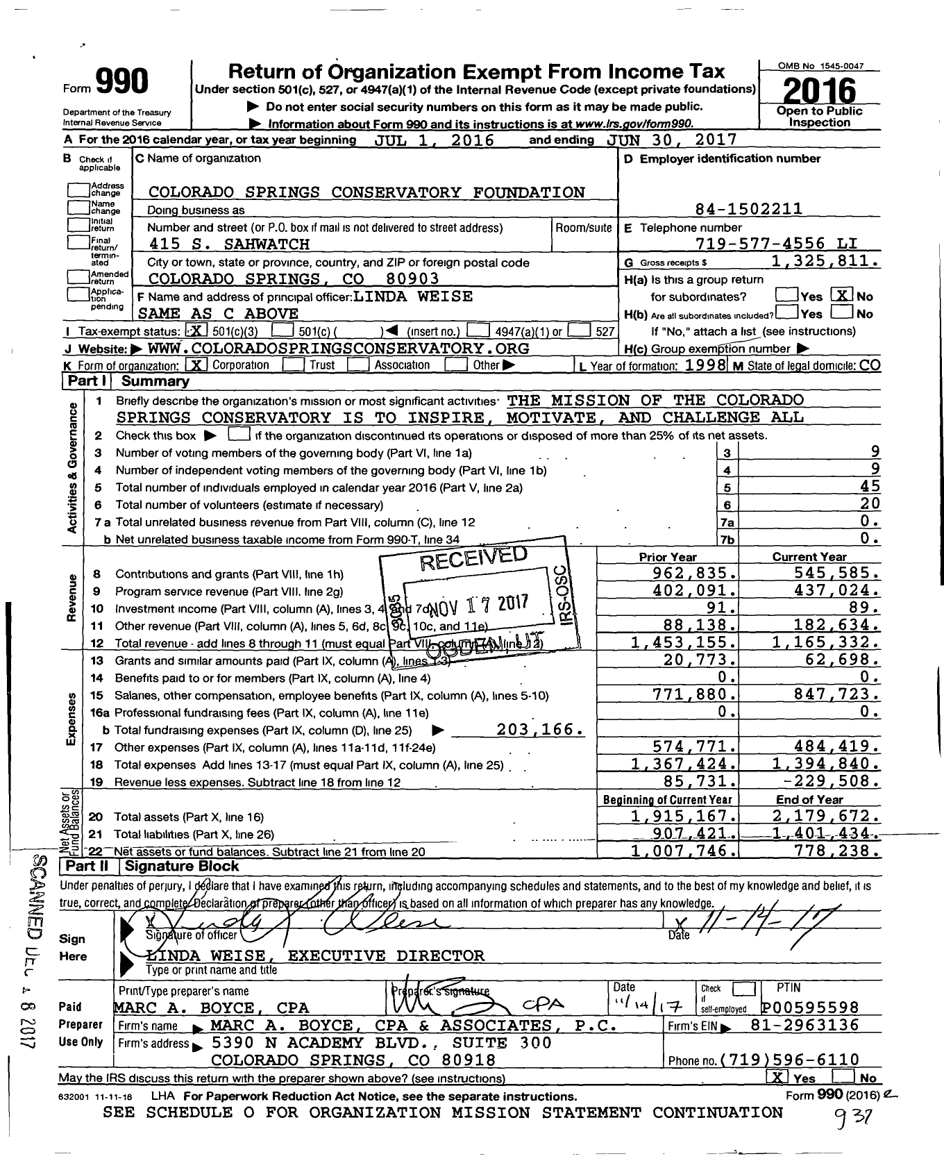 Image of first page of 2016 Form 990 for Colorado Springs Conservatory Foundation (CSC)