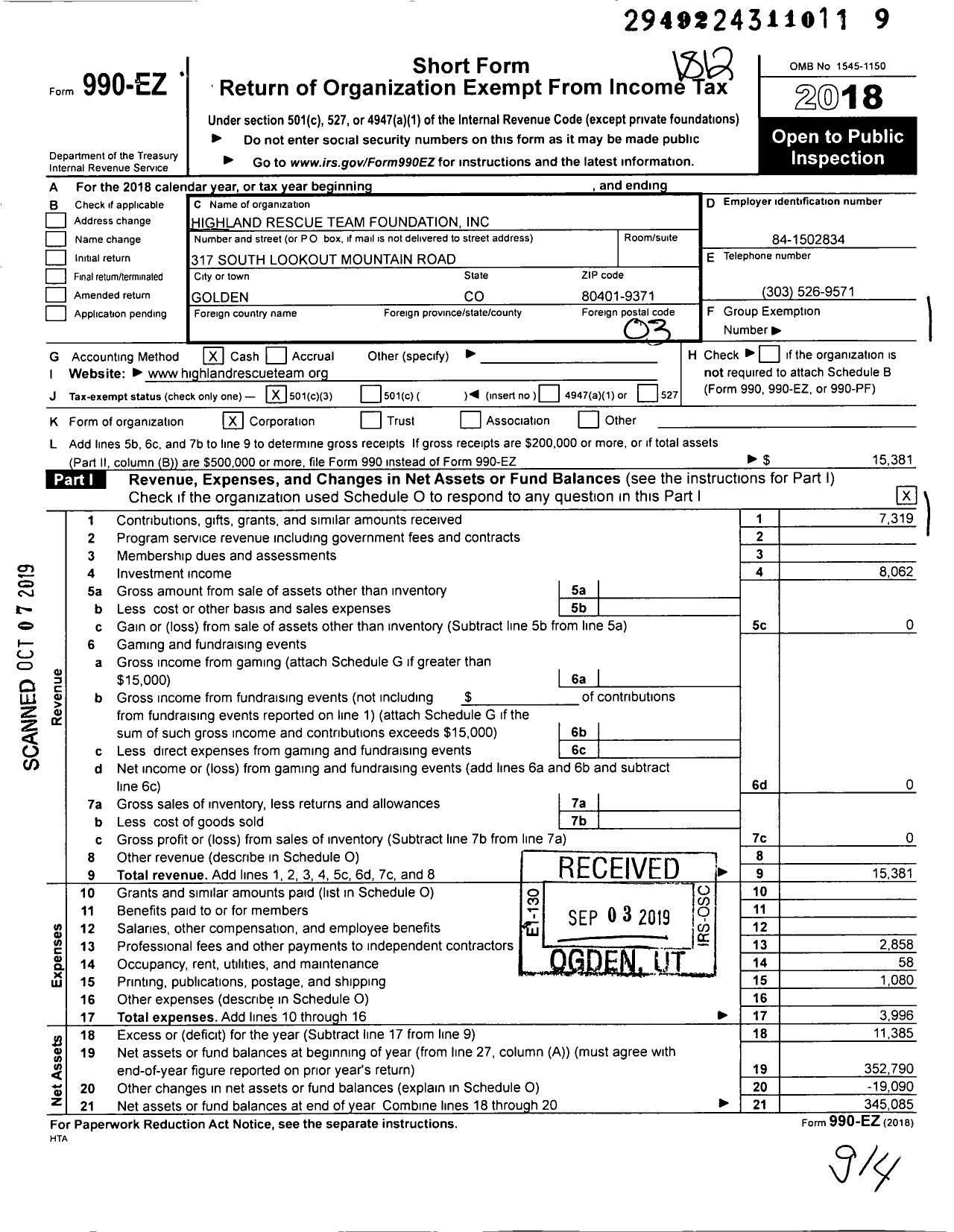 Image of first page of 2018 Form 990EZ for Highland Rescue Team Foundation