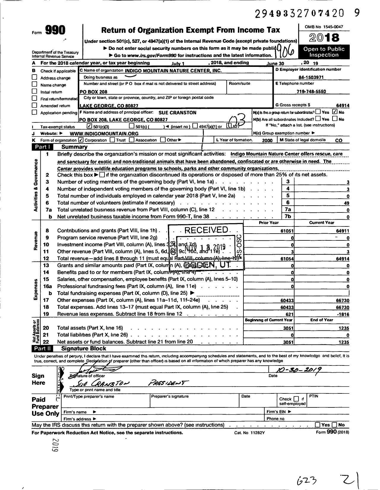 Image of first page of 2018 Form 990 for Indigo Mountain Nature Center Indigo Mountain Nature Center