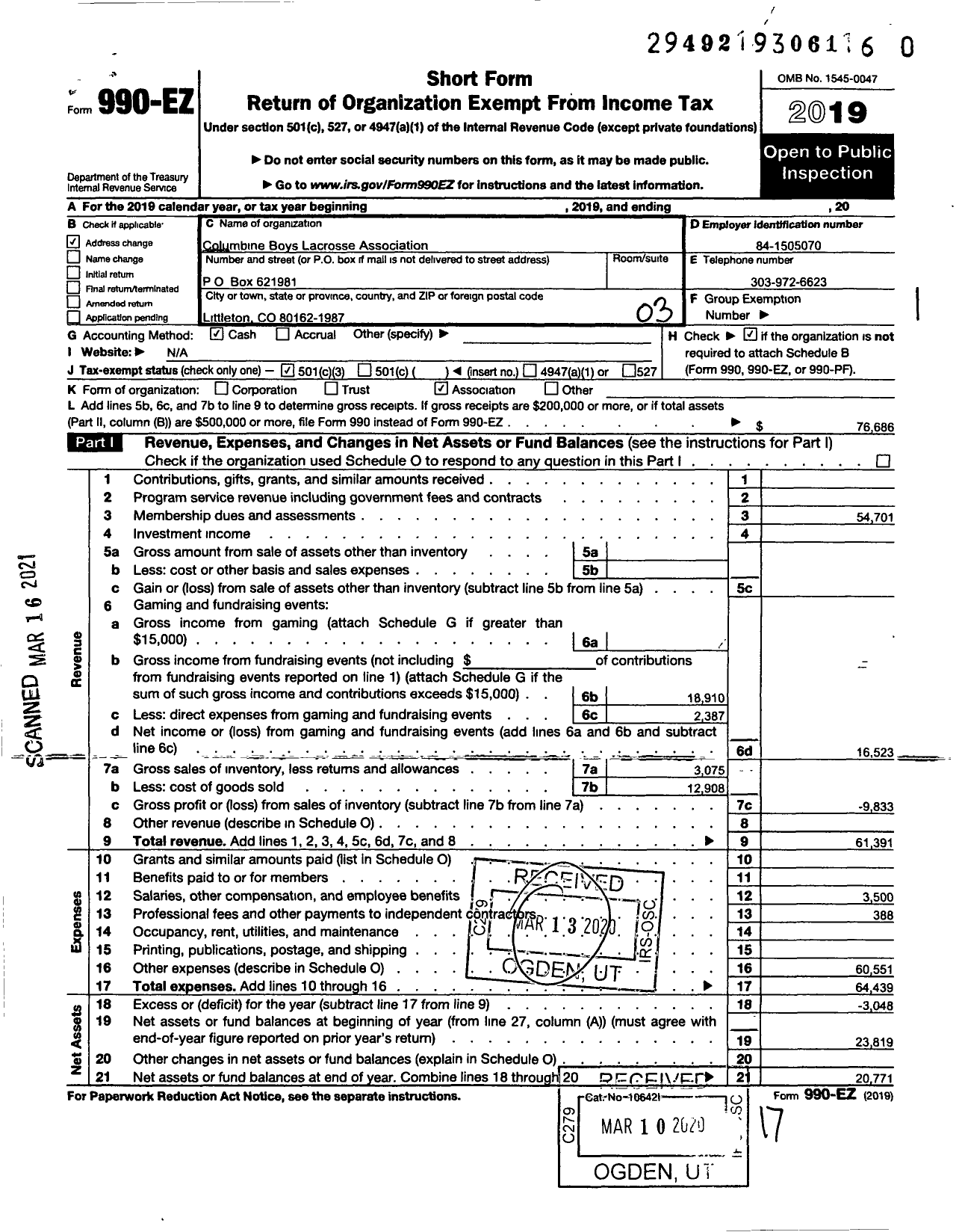 Image of first page of 2019 Form 990EZ for Columbine Boys Lacrosse Association