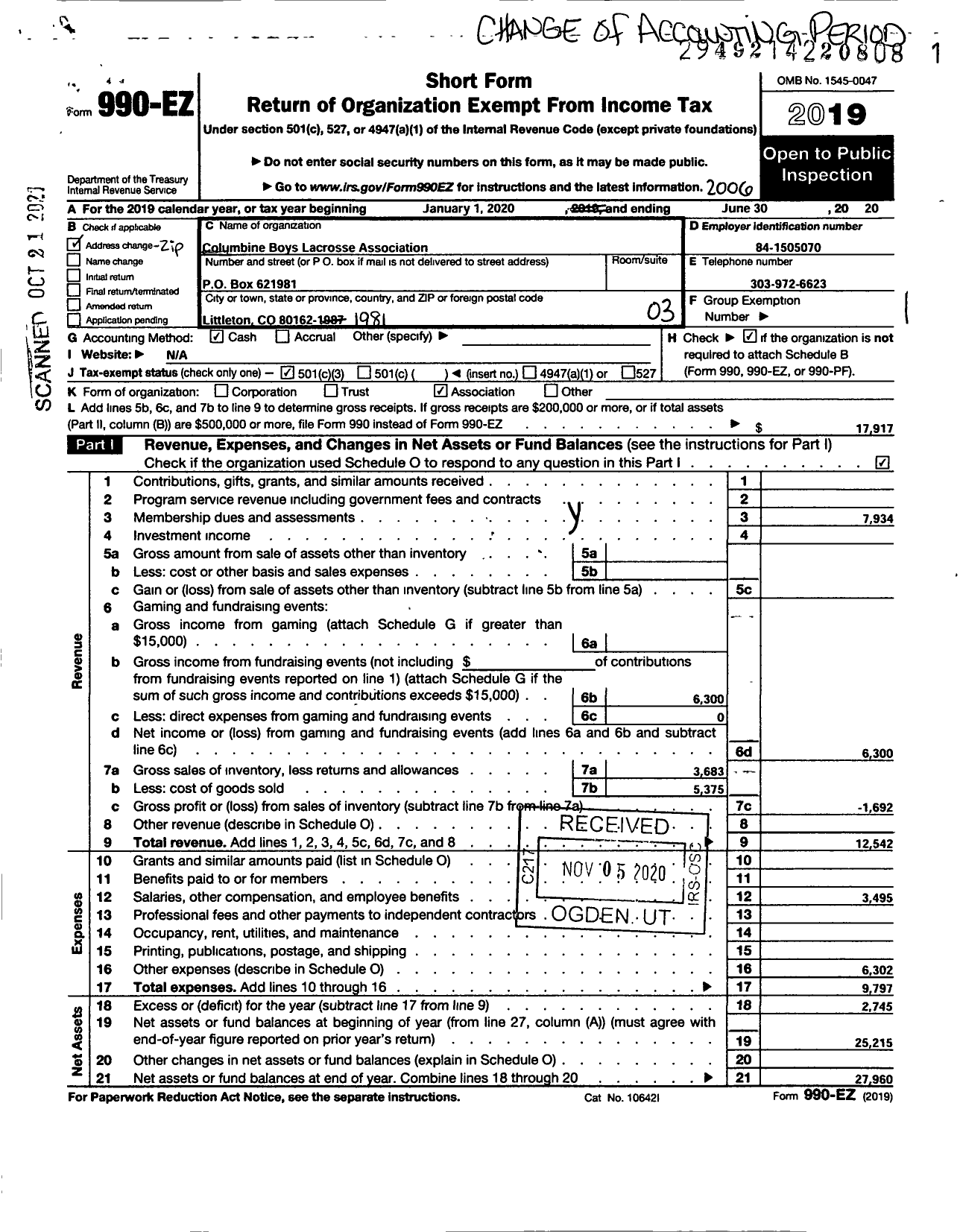 Image of first page of 2019 Form 990EZ for Columbine Boys Lacrosse Association