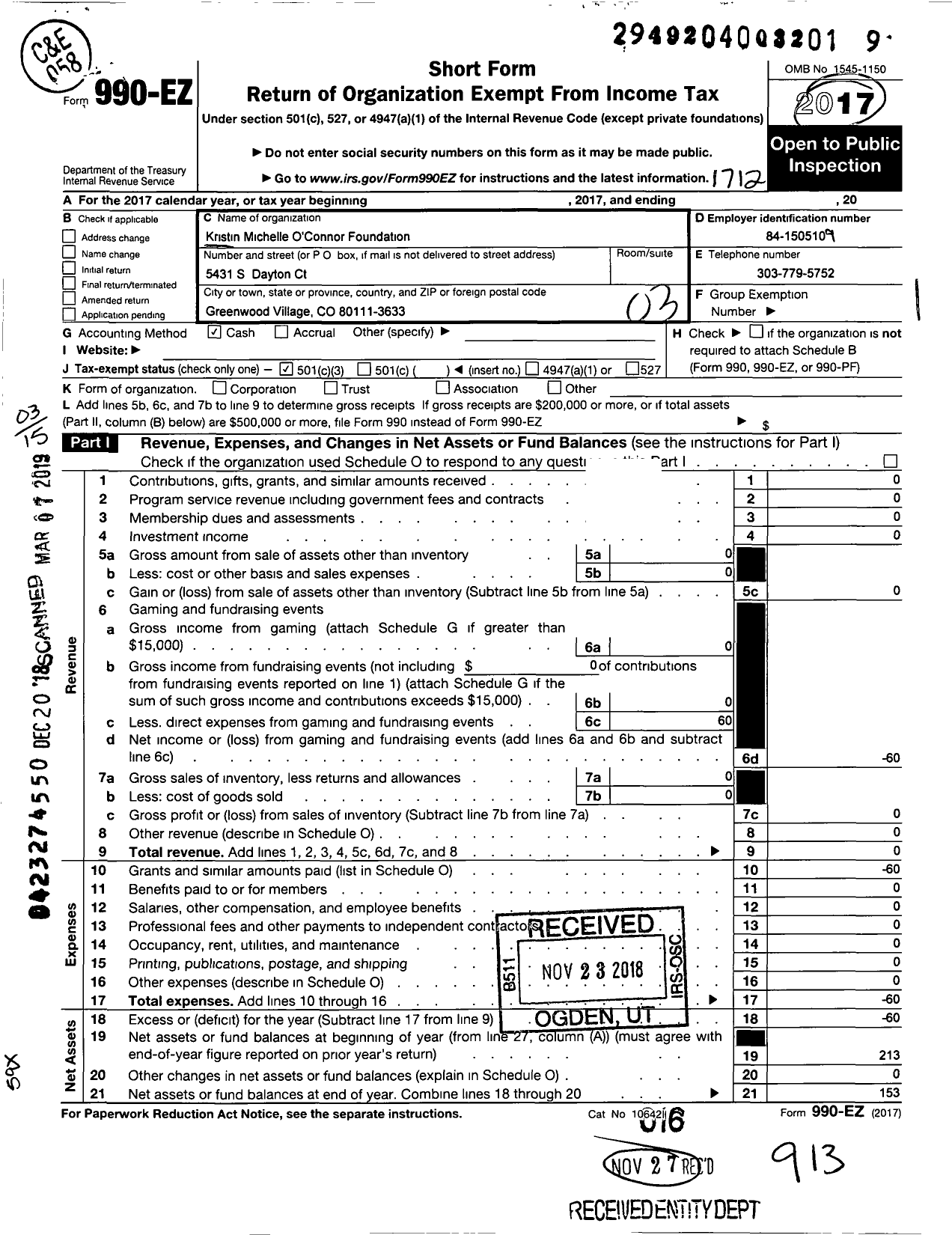 Image of first page of 2017 Form 990EZ for Kristin Michelle O Connor Foundation