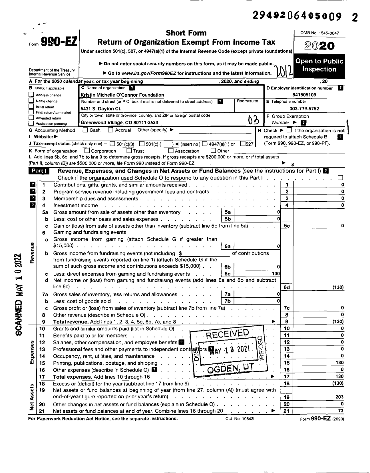 Image of first page of 2020 Form 990EZ for Kristin Michelle O Connor Foundation