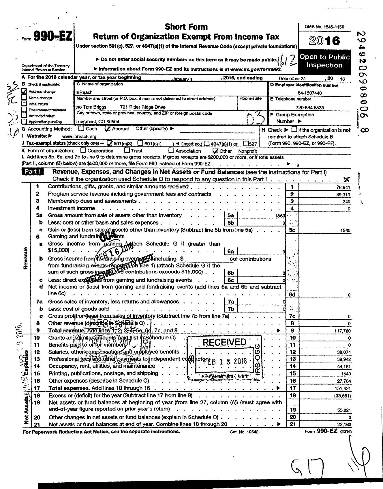 Image of first page of 2016 Form 990EZ for Boulder Institute for Psychotherapy and Research