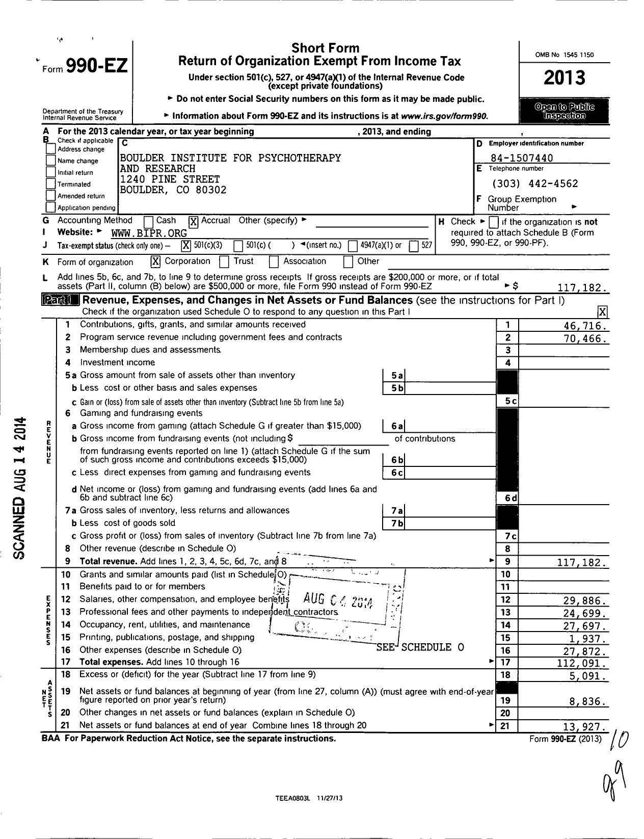 Image of first page of 2013 Form 990EZ for Boulder Institute for Psychotherapy and Research