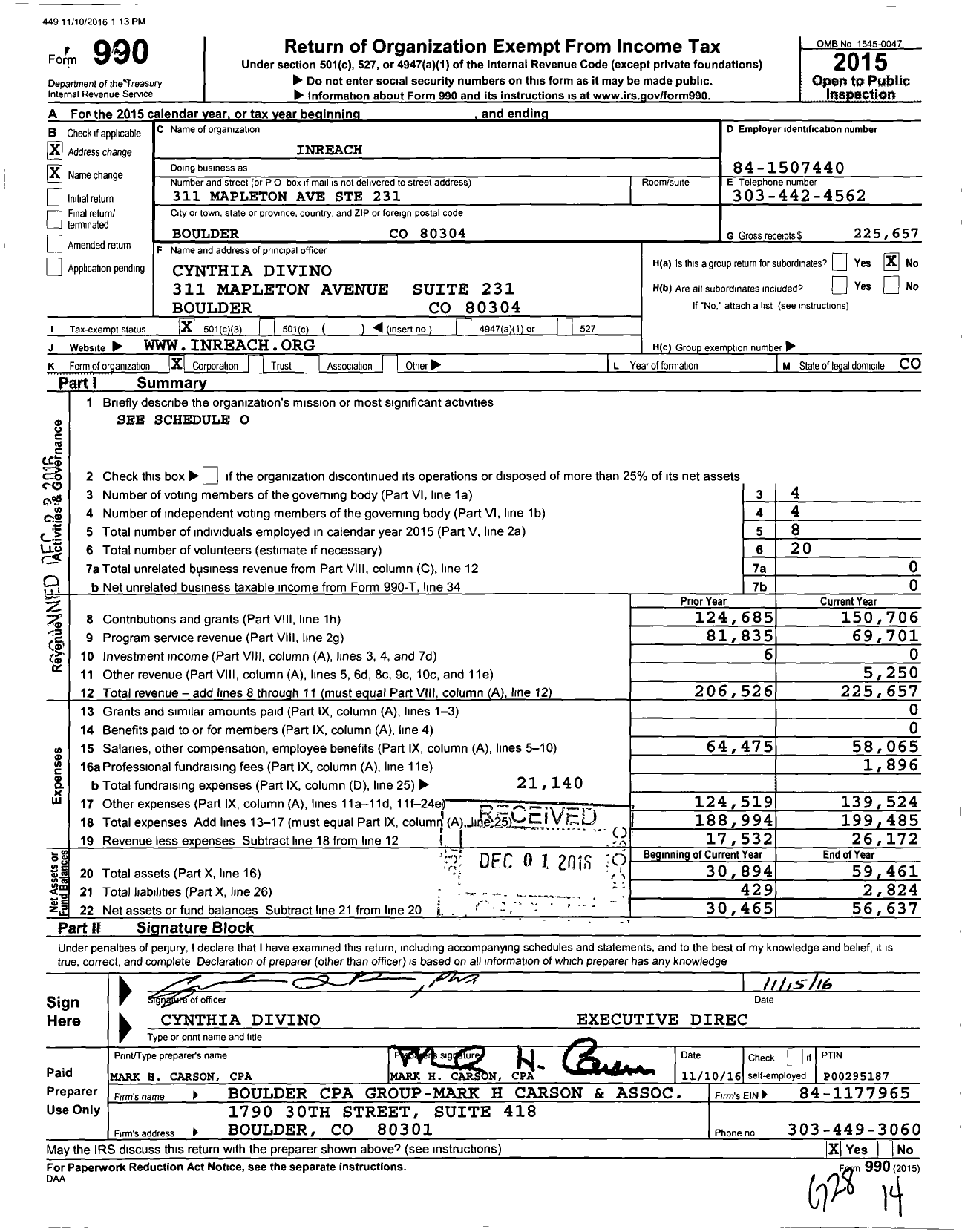 Image of first page of 2015 Form 990 for Boulder Institute for Psychotherapy and Research