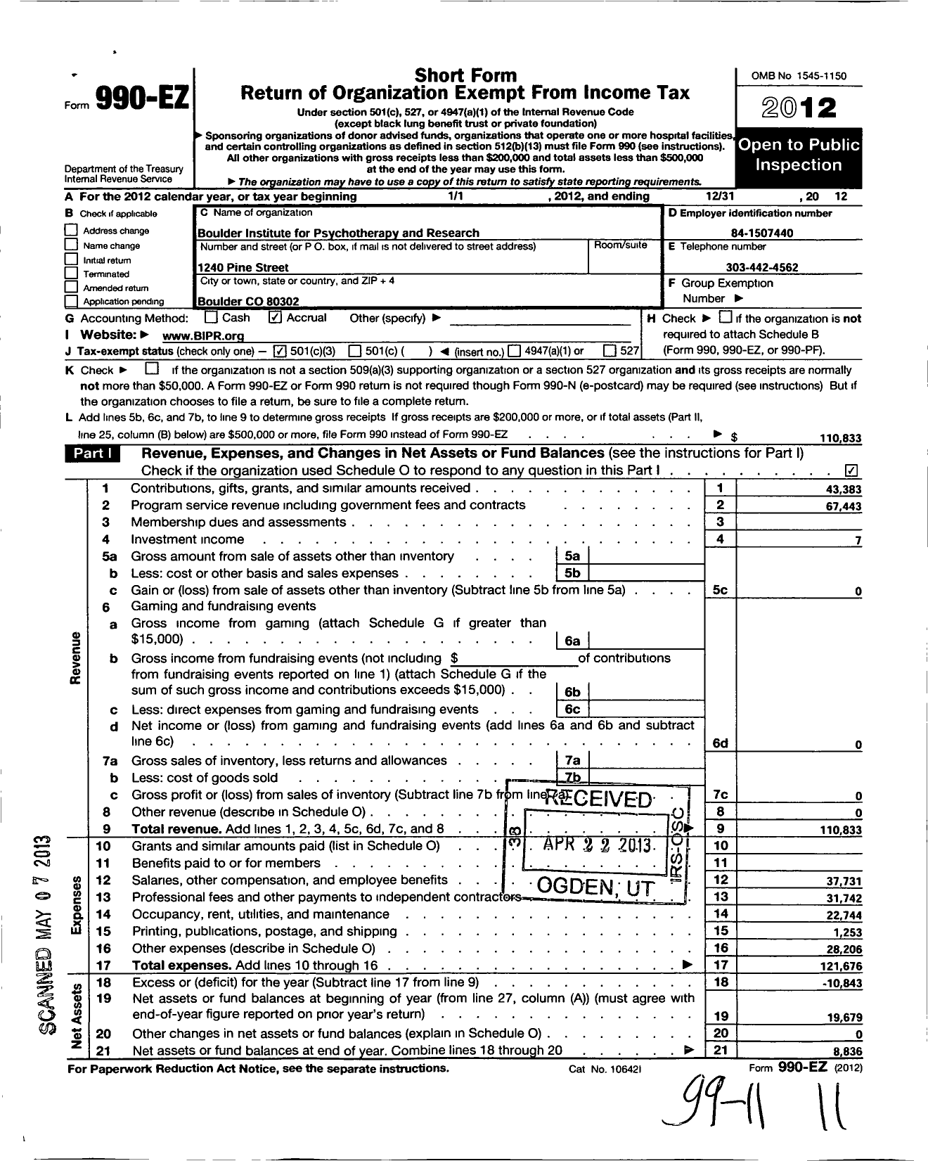 Image of first page of 2012 Form 990EZ for Boulder Institute for Psychotherapy and Research