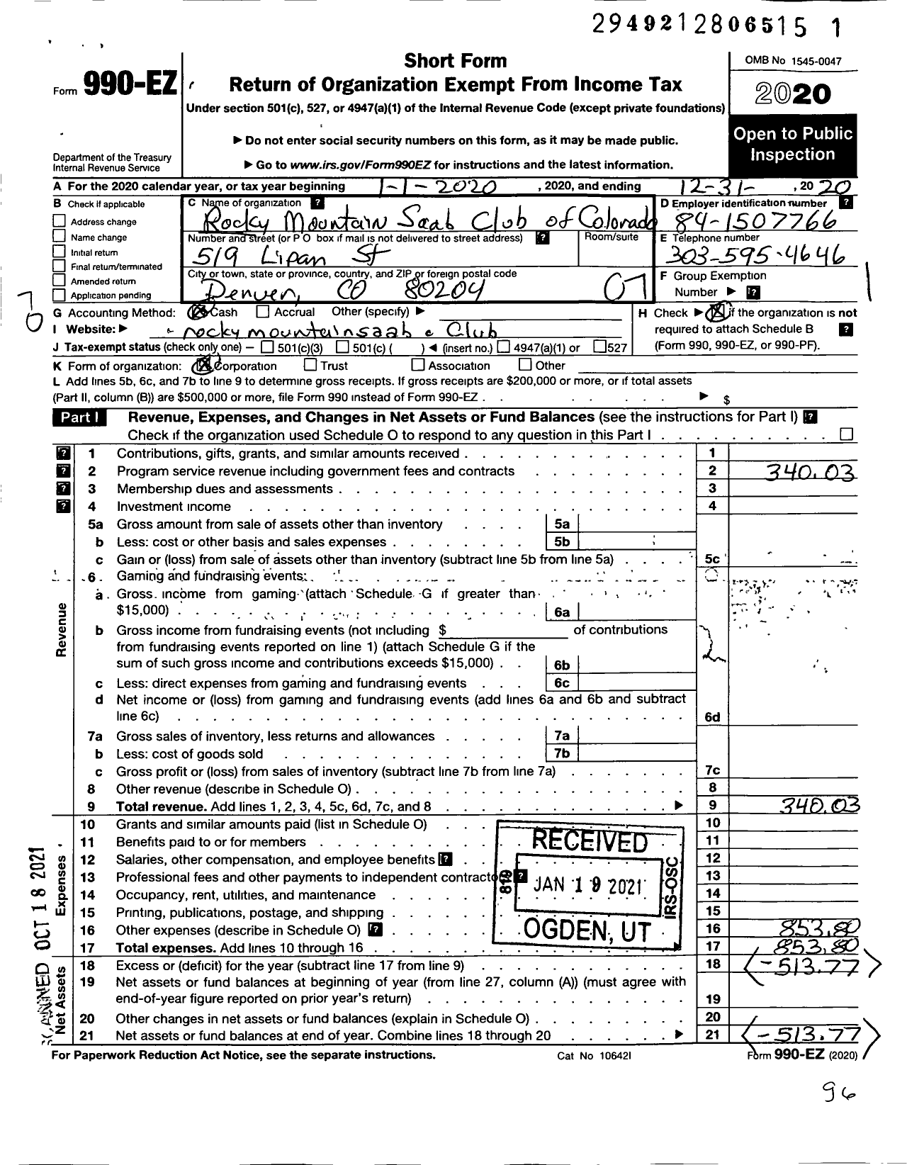 Image of first page of 2020 Form 990EO for Rocky Mountain Saab Club of Colorado