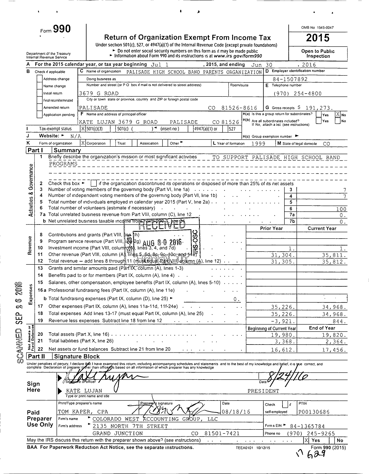 Image of first page of 2015 Form 990 for Palisade High School Band Parents Organization